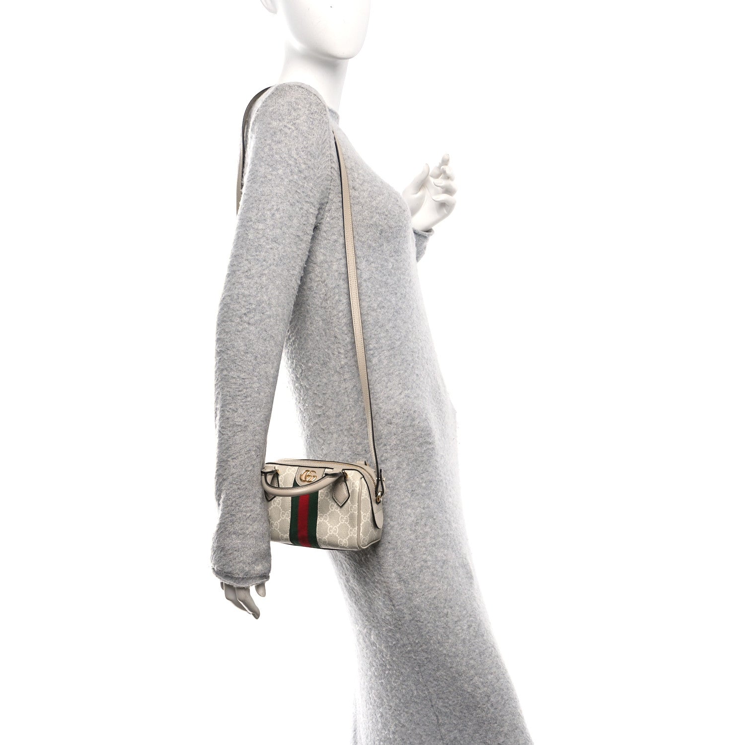 GG Supreme Monogram Textured Dollar Calfskin Web Super Mini Ophidia Top Handle Bowler Bag Beige Mystic White Oatmeal