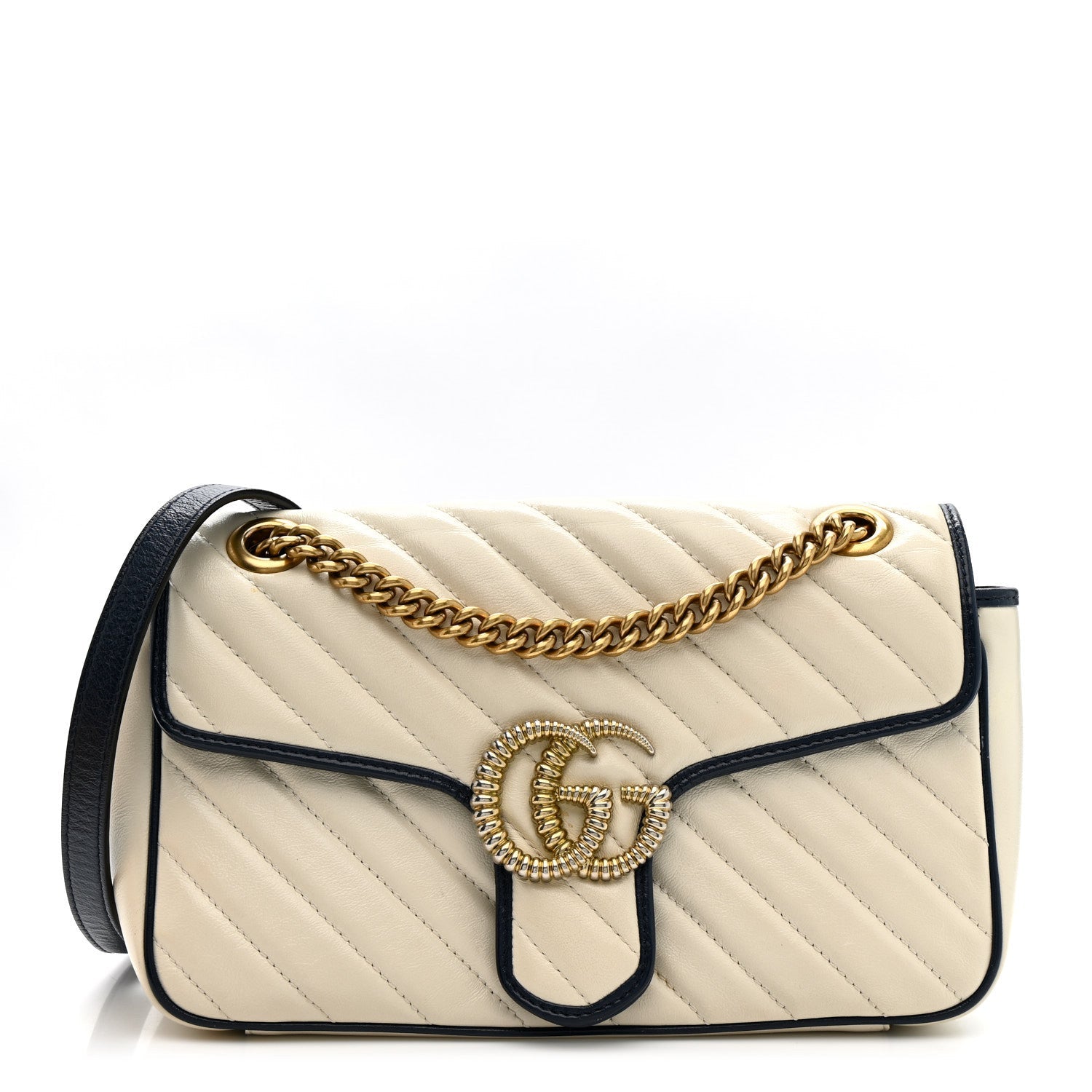 Vintage Effect Calfskin Matelasse Diagonal Small Torchon GG Marmont Shoulder Bag Mystic White Blue Agata