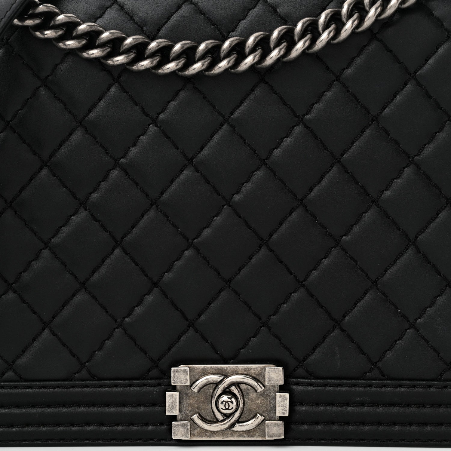 Calfskin Double Stitch Large Boy Flap Black
