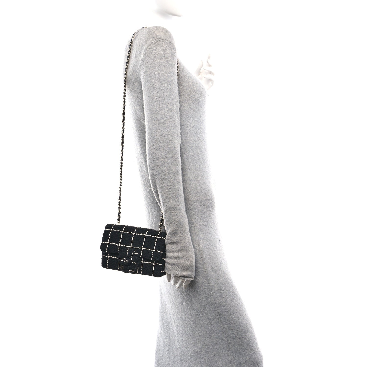 Tweed Quilted Mini Rectangular Camellia Flap Black White
