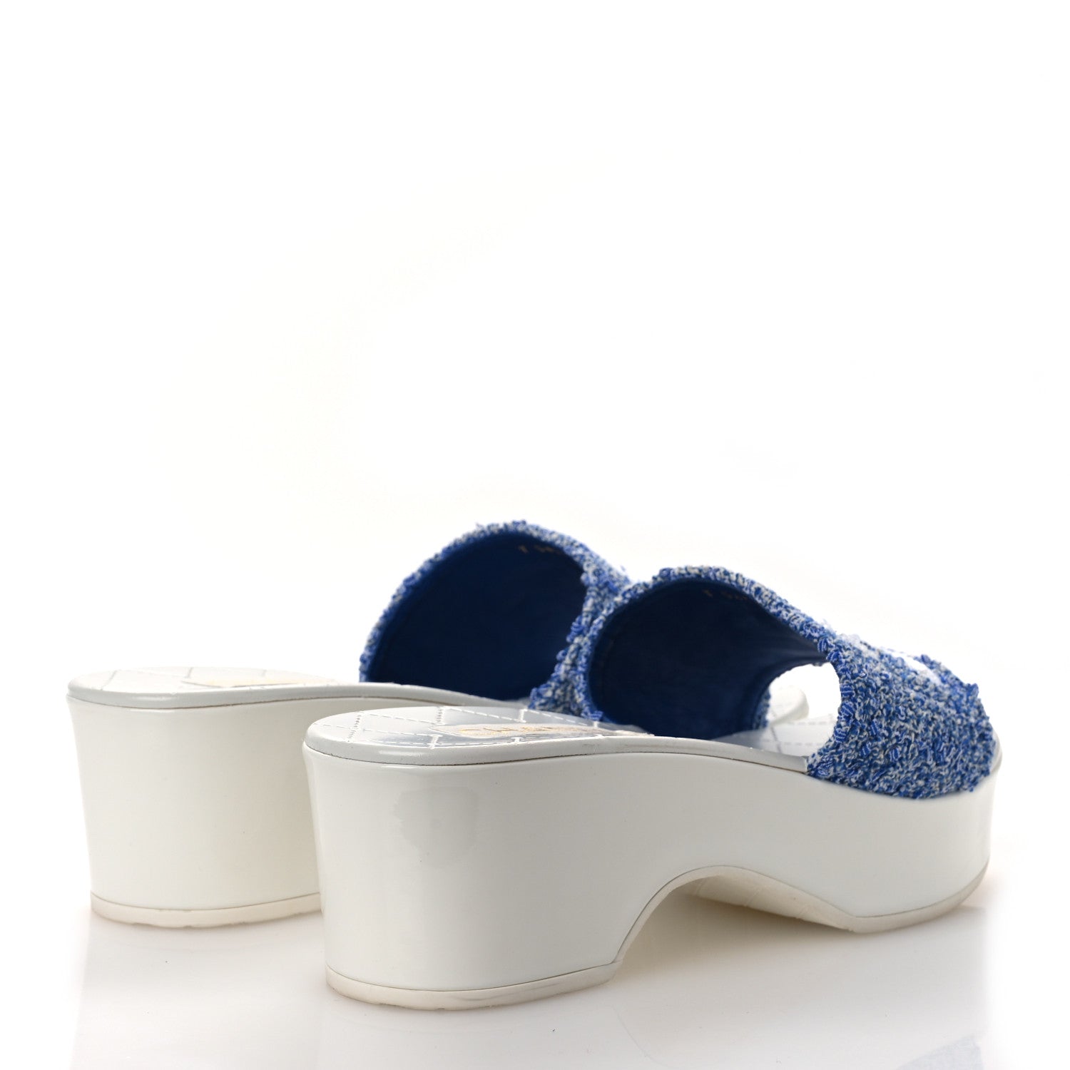 Tweed Sequin Patent Calfskin CC Mule Sandals 41 Blue White