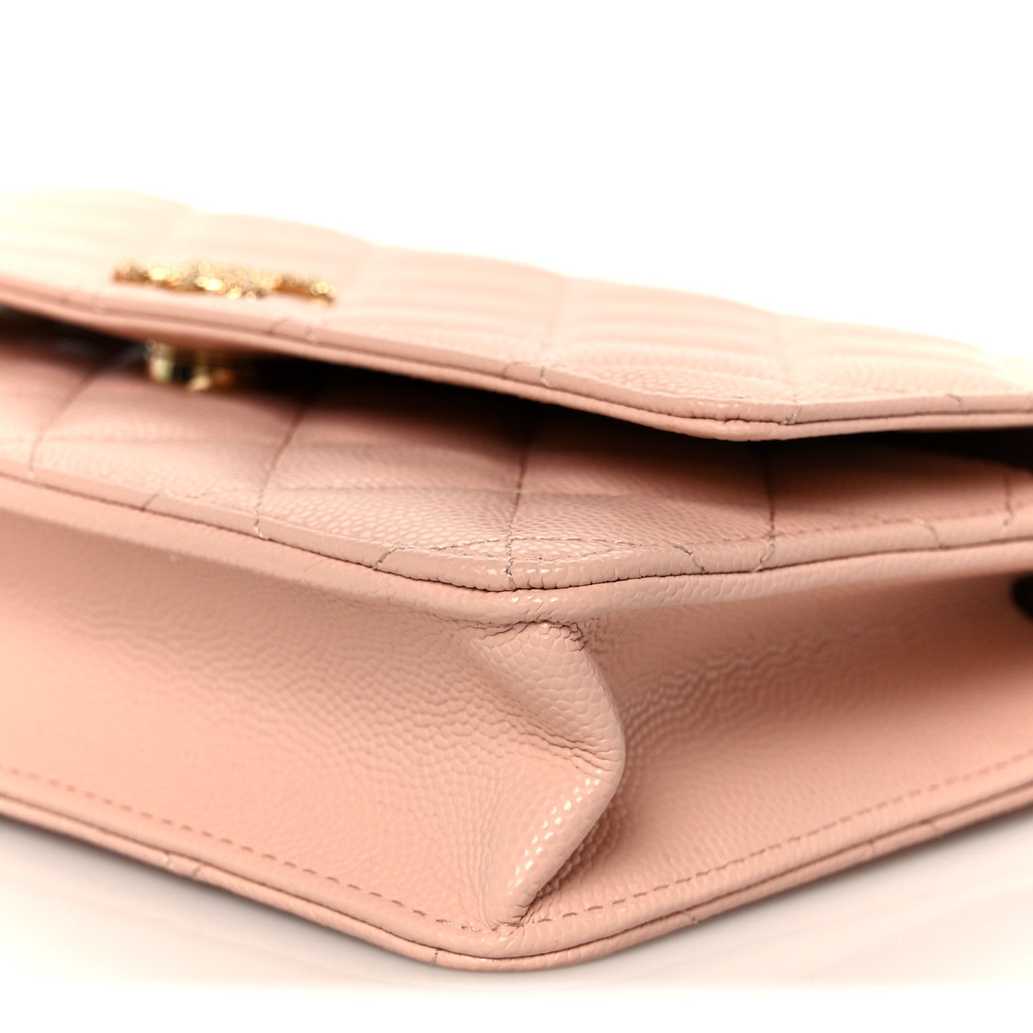 Grained Calfskin Quilted Strass CC Wallet On Chain WOC Light Pink