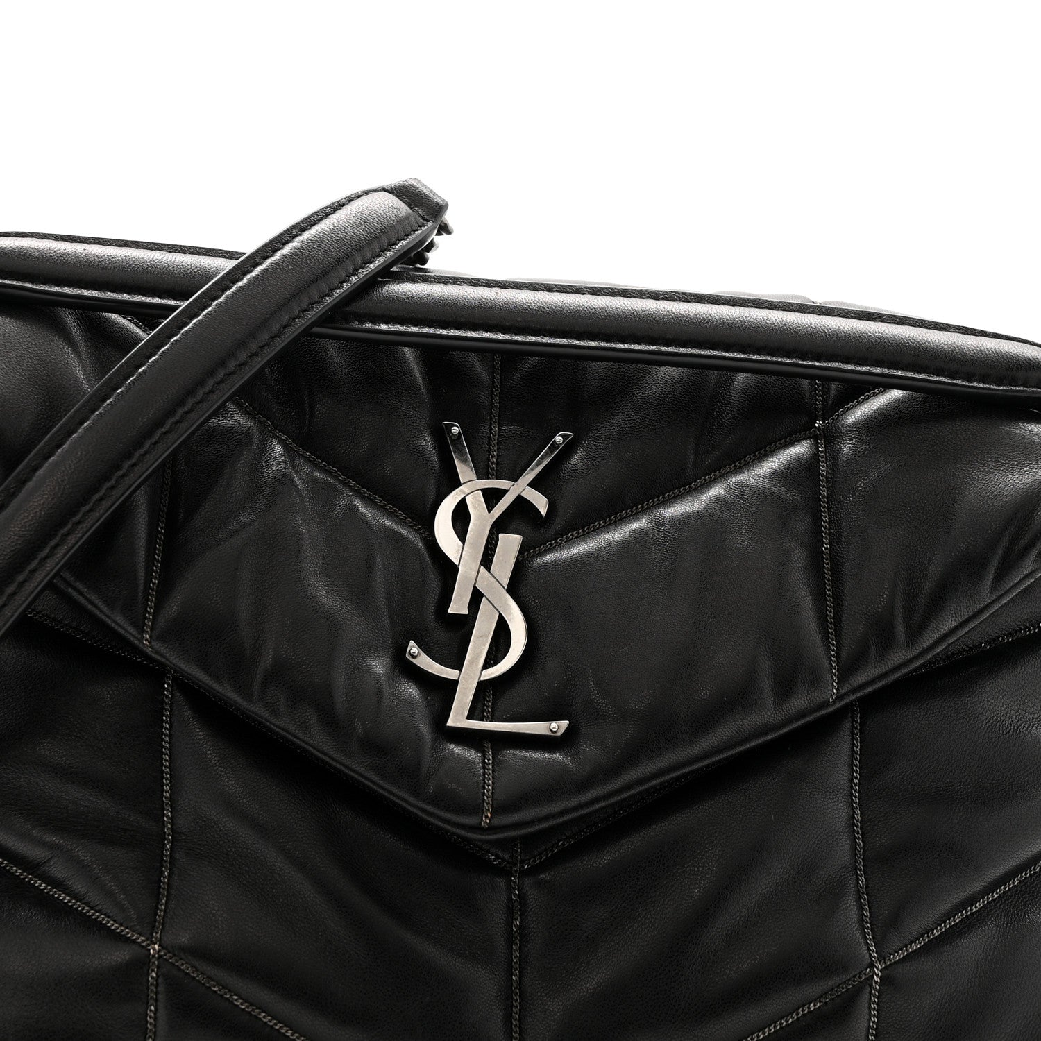 Lambskin Quilted Metal Small Loulou Puffer Monogram Chain Satchel  Black
