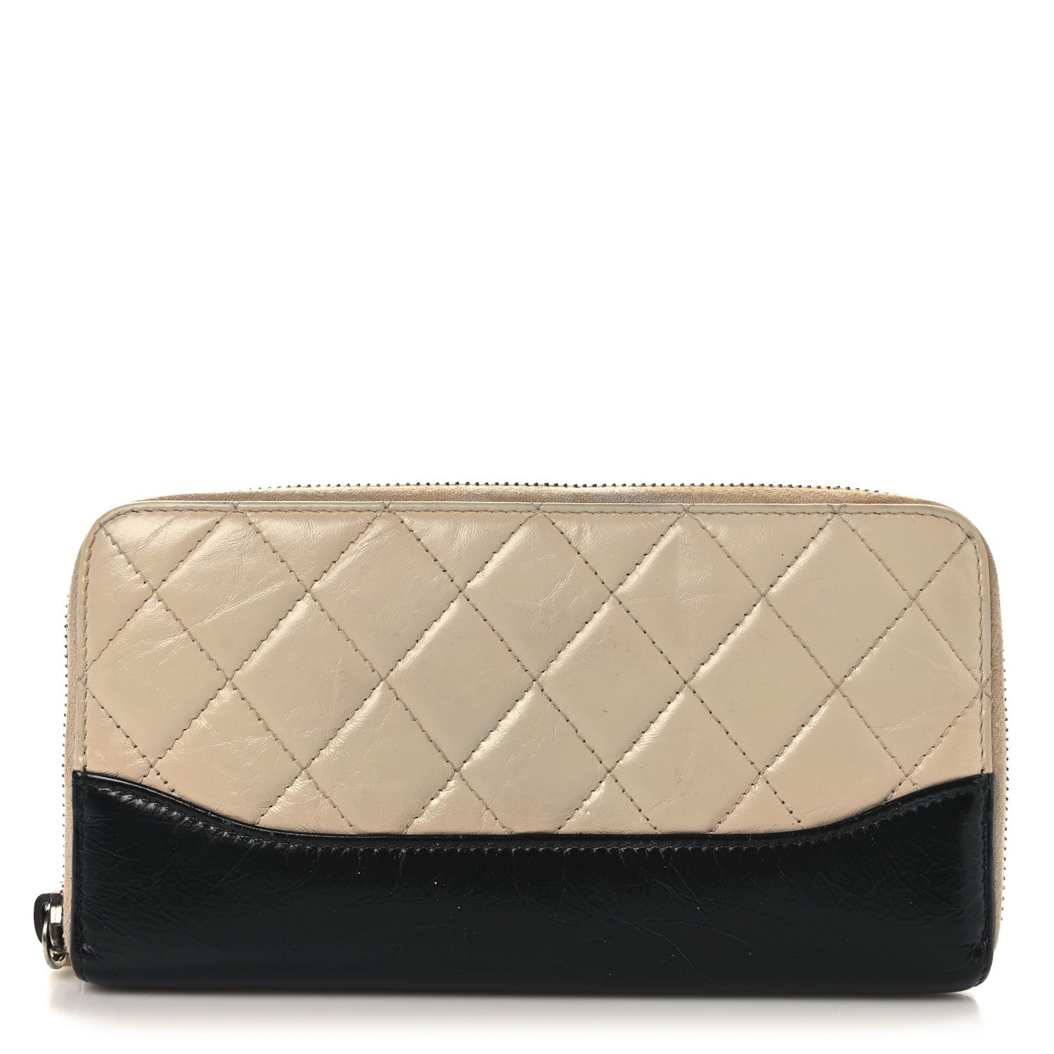 Aged Calfskin Quilted Large Gabrielle Zip Around Wallet Beige Black