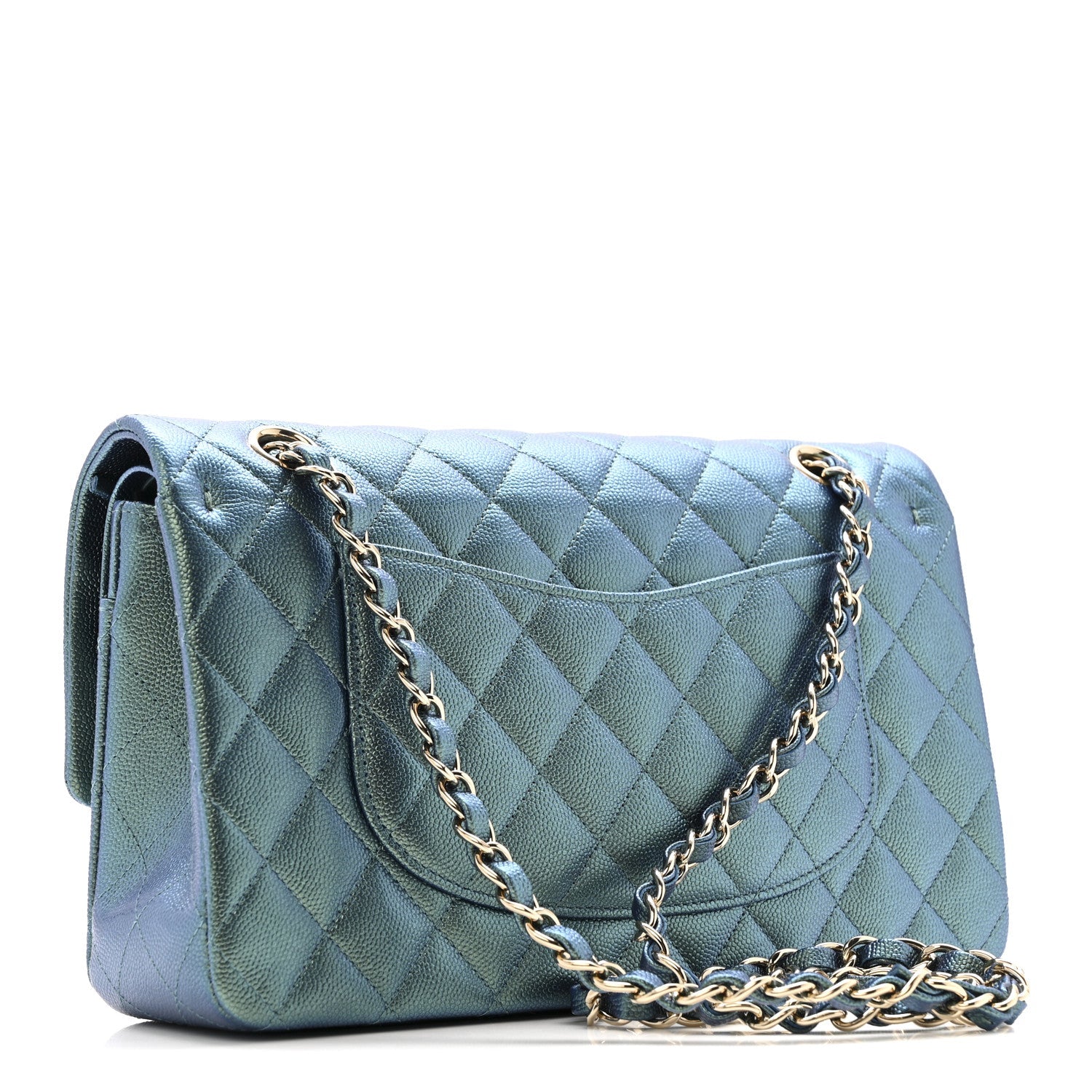 Iridescent Caviar Quilted Medium Double Flap Green