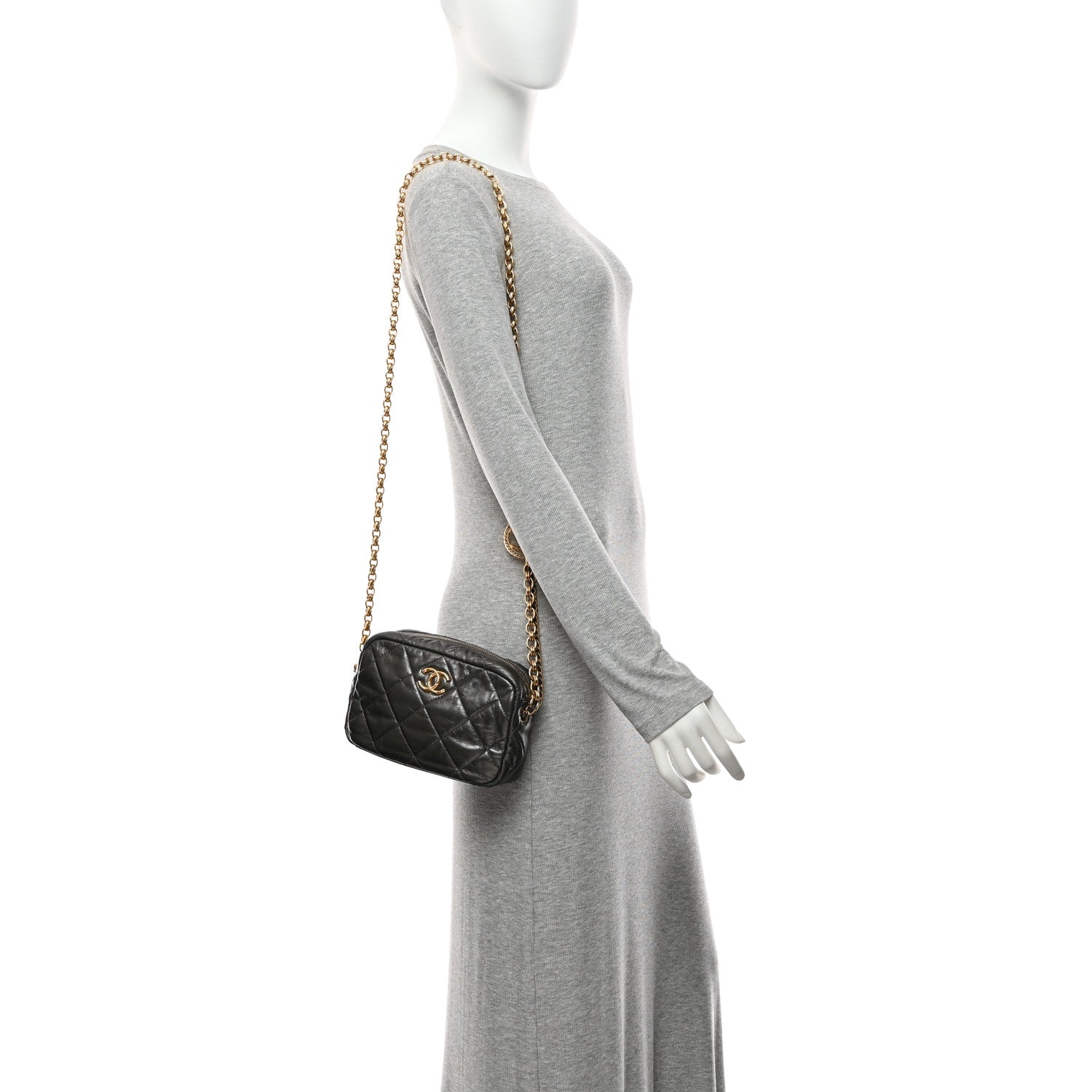 Metallic Calfskin Pearl Quilted CC Mini Camera Case Ruthenium