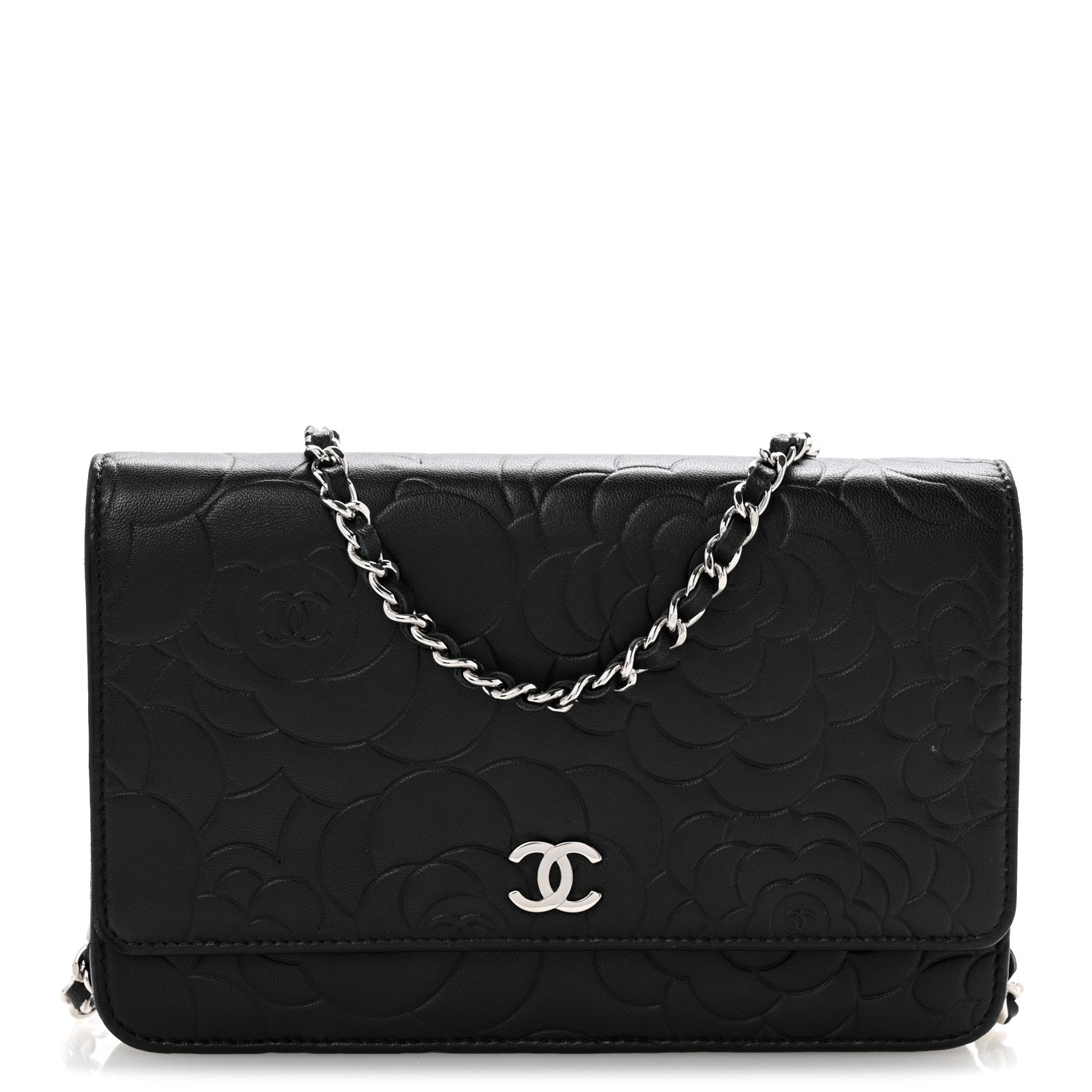 Lambskin Camellia Embossed Wallet On Chain WOC Black
