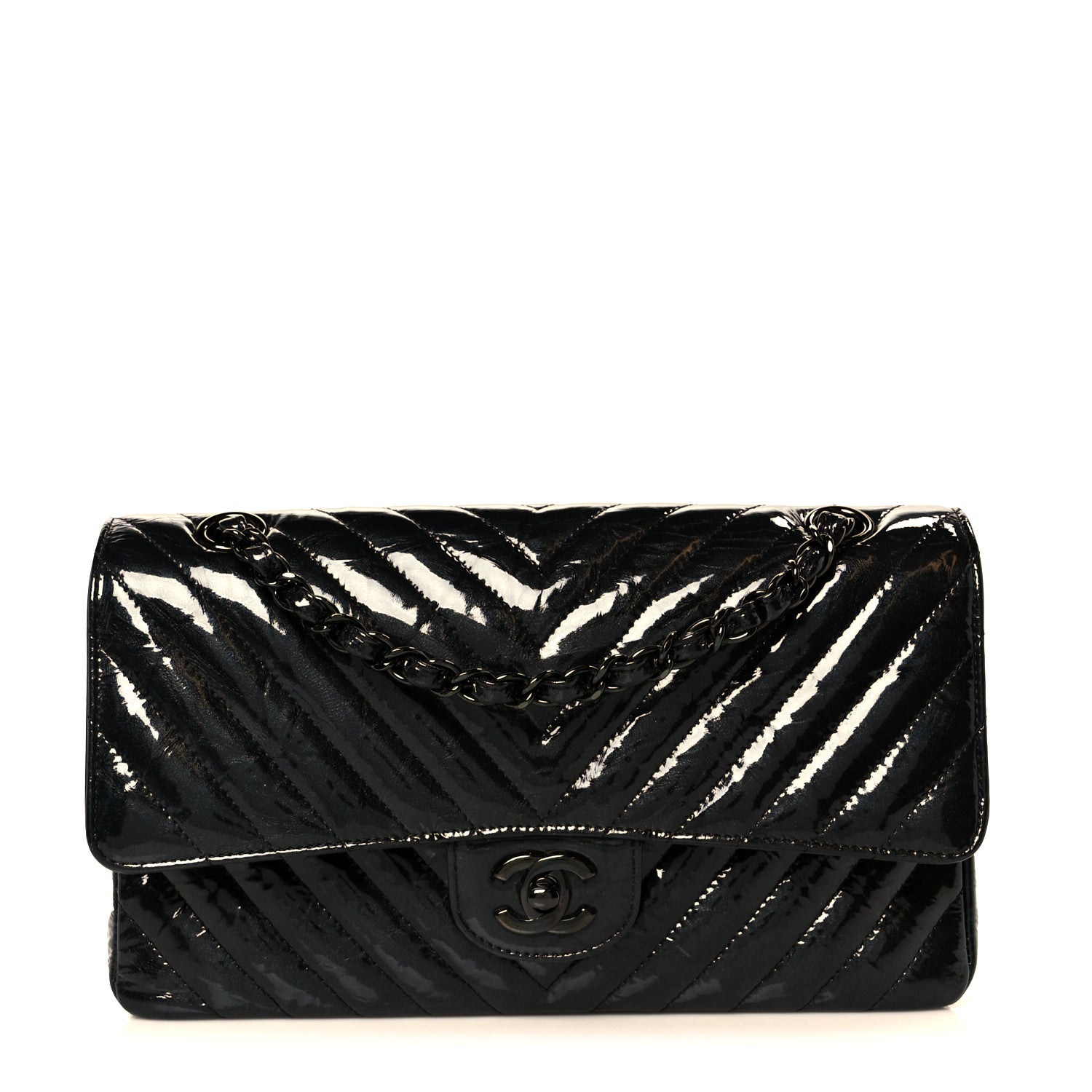 Metallic Patent Crumpled Calfskin Chevron Quilted Medium Double Flap So Black