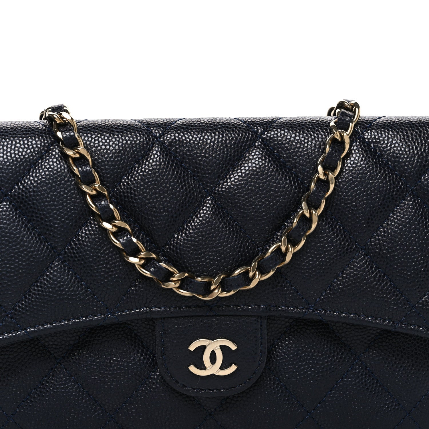 Caviar Quilted Flap Phone Holder With Chain Navy Blue