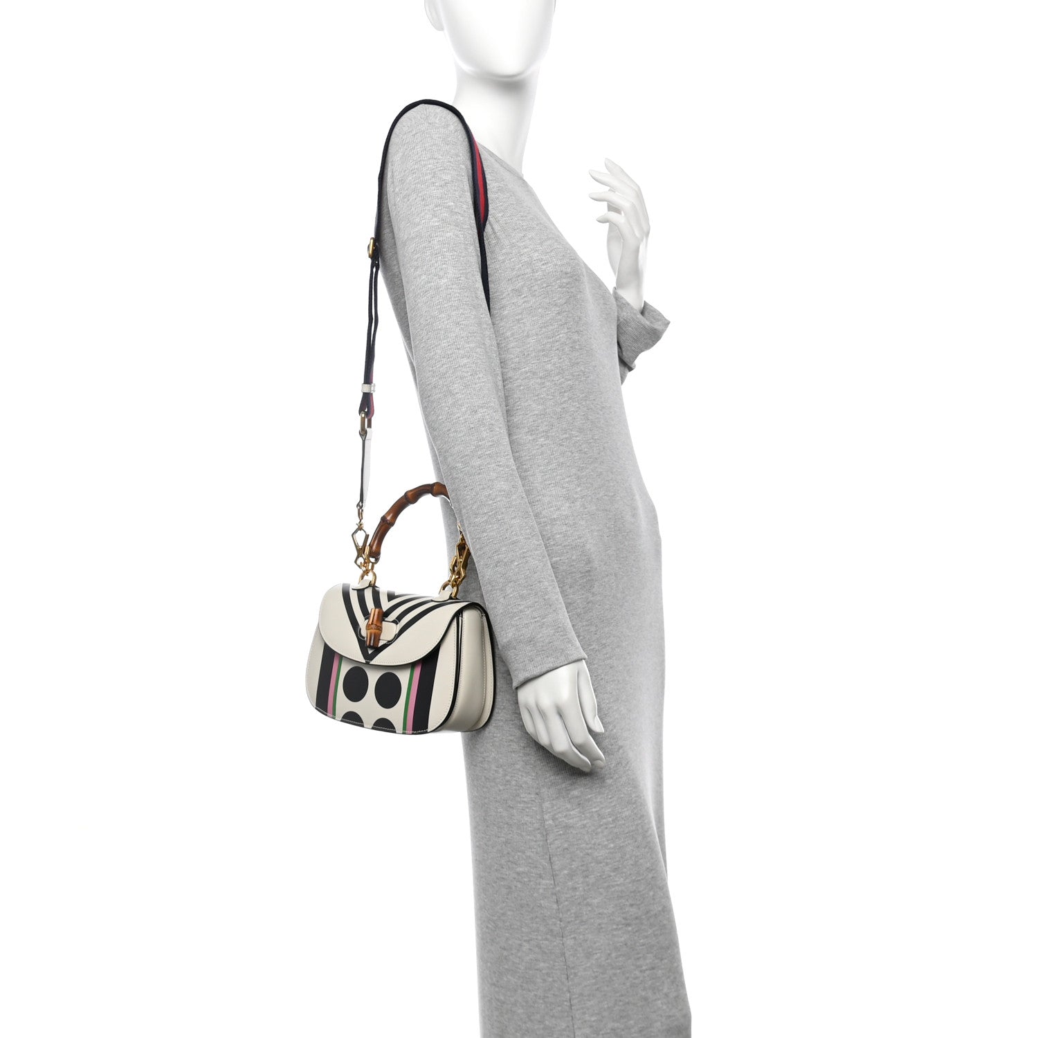 Calfskin Web Geometric Print Small Bamboo 1947 Top Handle Bag White Multi