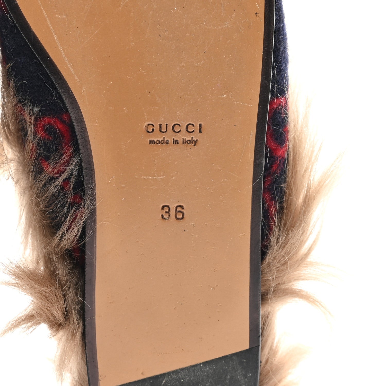 Covered Wool Big GG Monogram Fur Womens Princetown Slippers 36 Blue Red Butterscotch