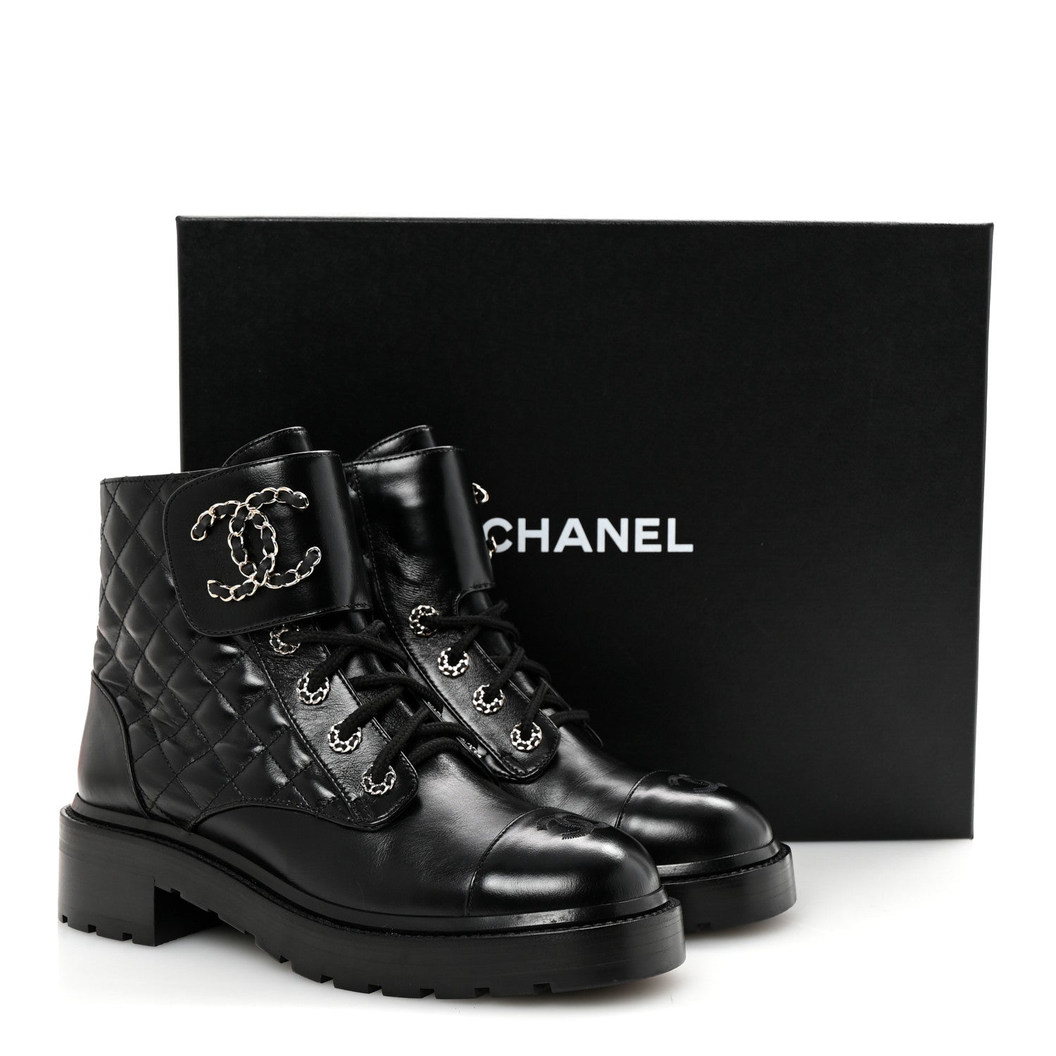 Shiny Lambskin Quilted Lace Up Combat Boots 39 Black