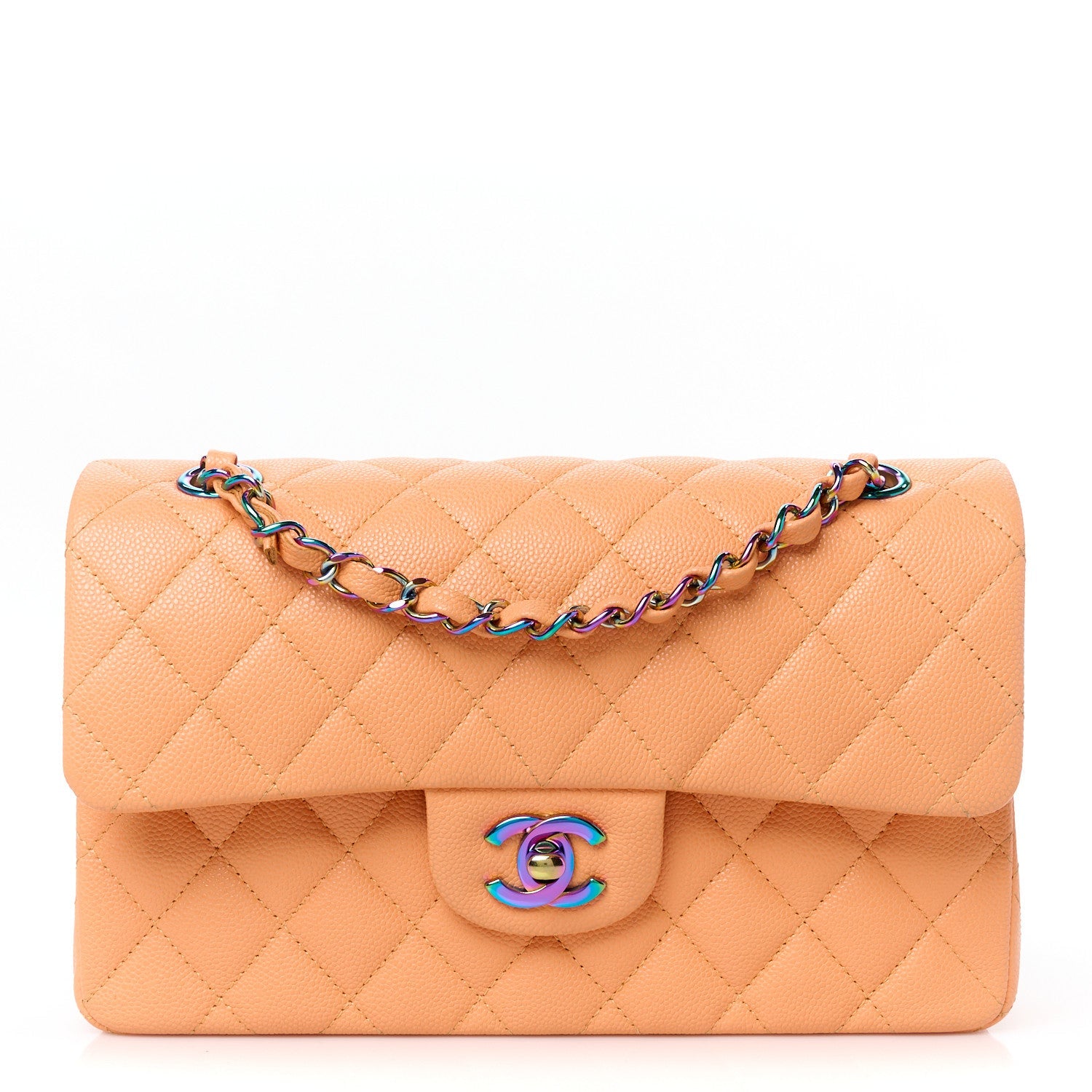 Caviar Quilted Rainbow CC Small Double Flap Orange