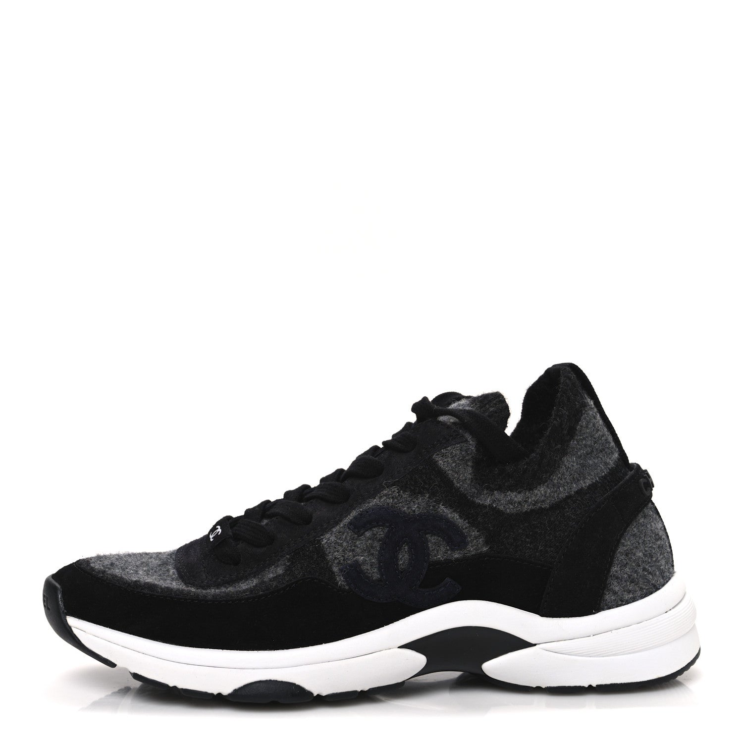 Knit Fabric Suede Calfskin Womens CC Sneakers 39 Black Grey