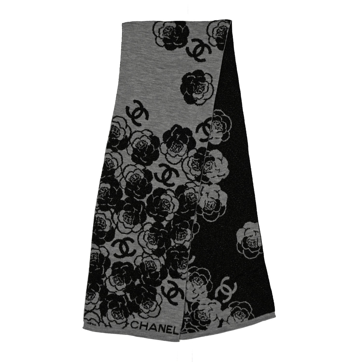 Wool Cashmere Viscose Metallic Fiber Camellia Scarf Black Grey