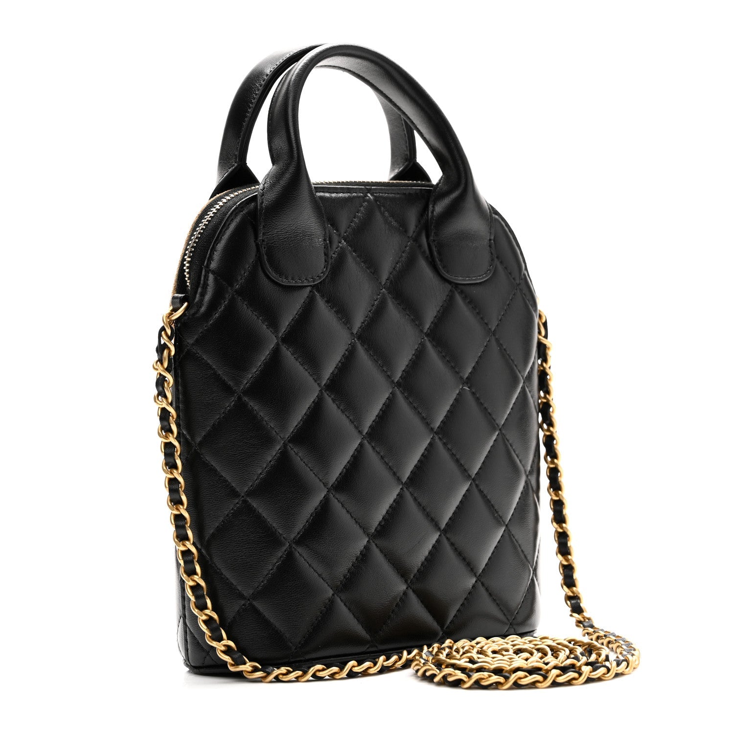 Suede Shiny Lambskin Quilted Top Handle Clutch With Chain Black Beige