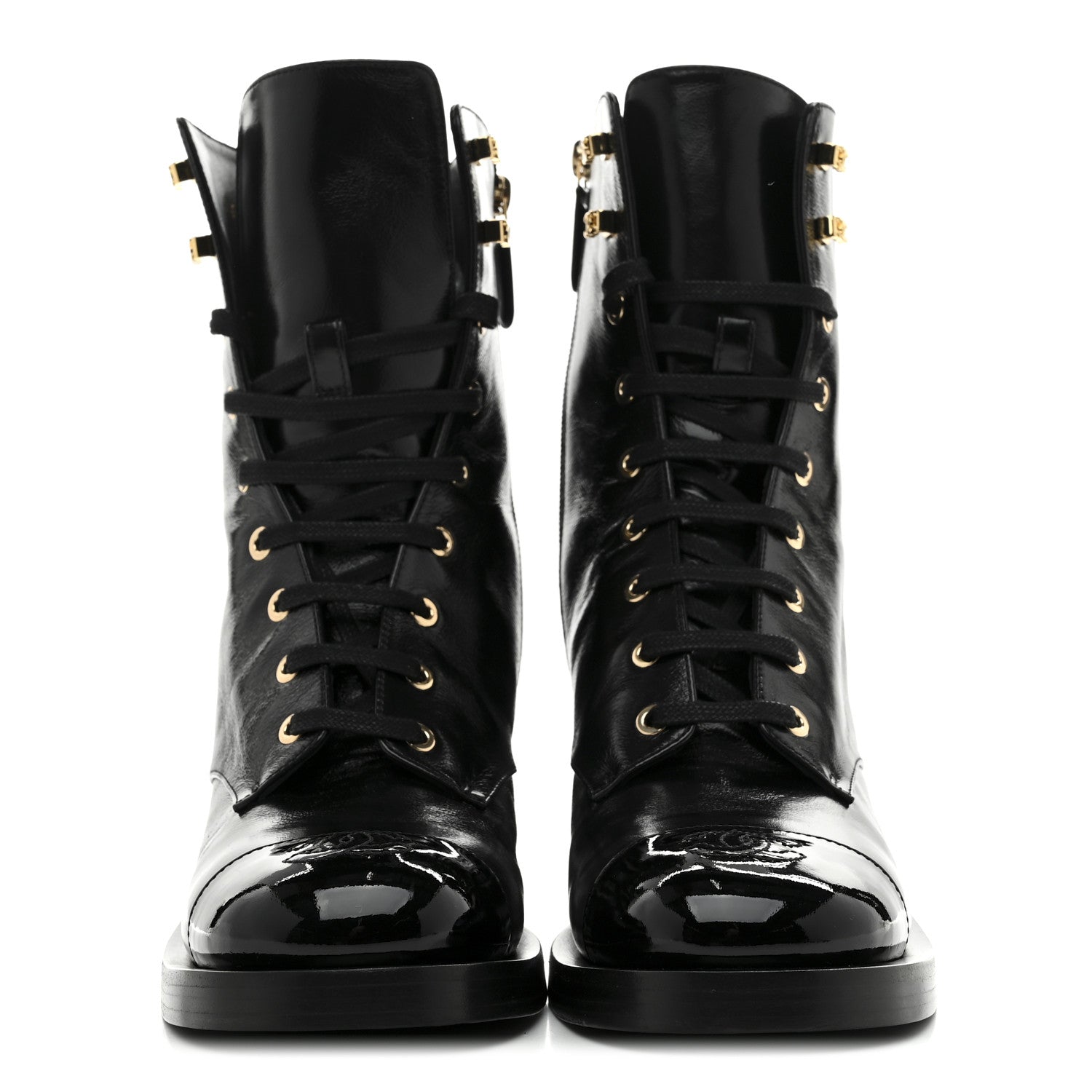 Shiny Calfskin Patent Cap Toe Lace Up Combat Boots 39 Black