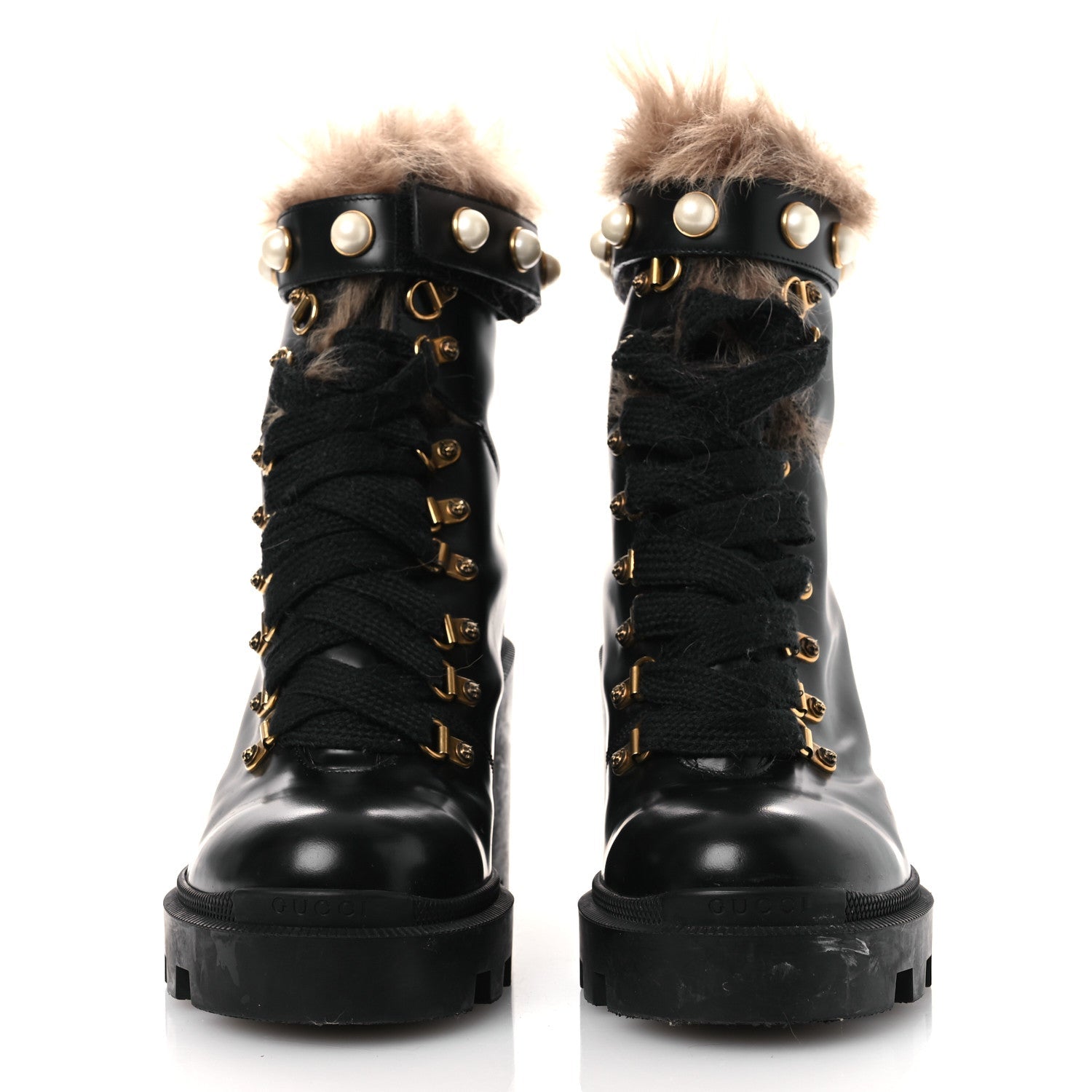 Magnum Calfskin Fur Pearl Lace Up Combat Ankle Boots 39.5 Black Naturale