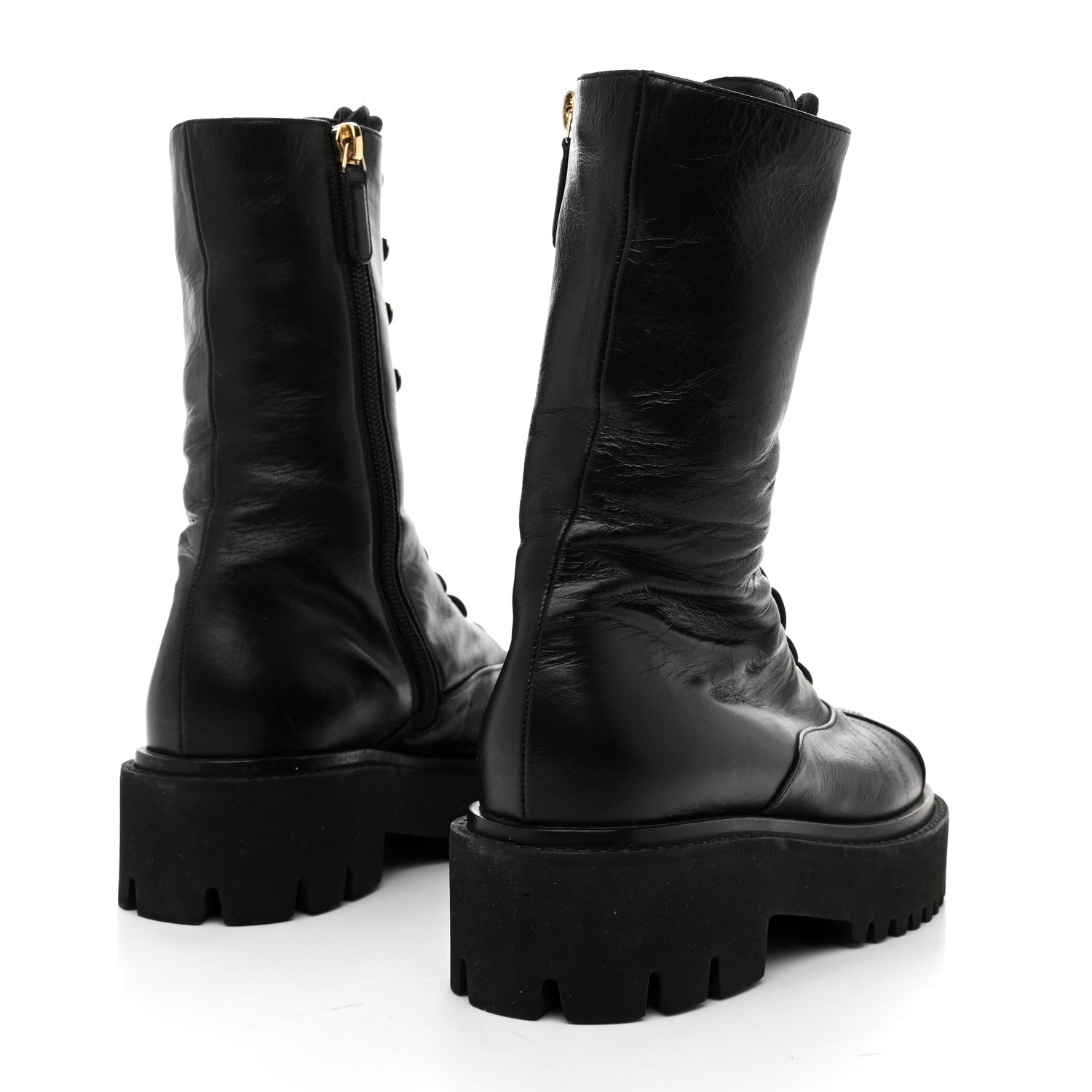 Crumpled Calfskin Patent Cap Toe Lace Up Combat Boots 35 Black