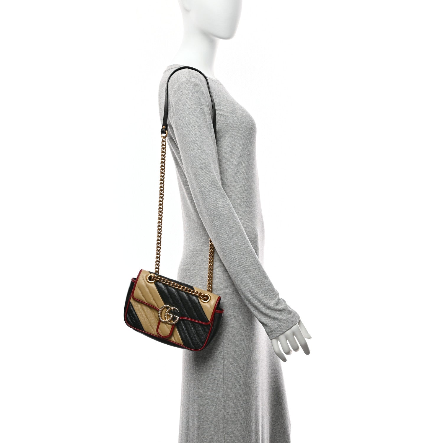 Vintage Effect Calfskin Matelasse Diagonal Striped Mini Torchon GG Marmont Shoulder Bag Black Beige