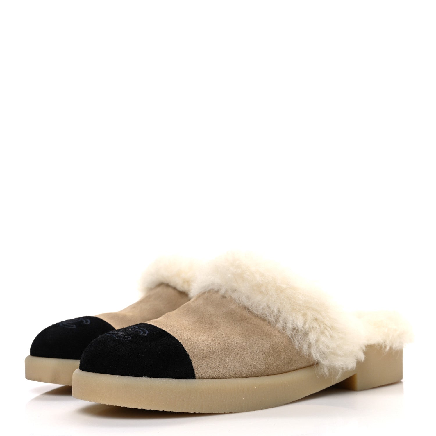 Suede Shearling CC Cap Toe Mules 41 Beige Black