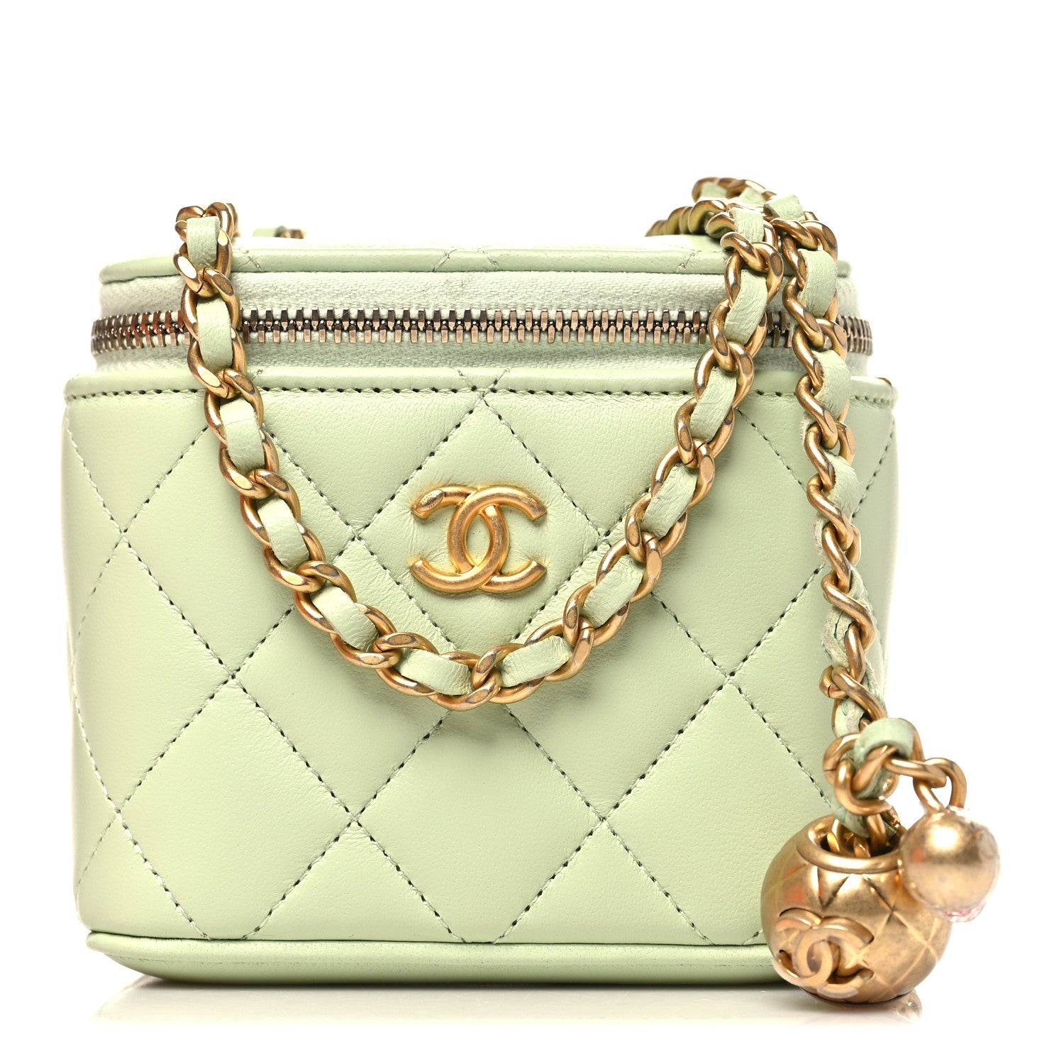Lambskin Quilted Pearl Crush Mini Vanity Case With Chain Light Green
