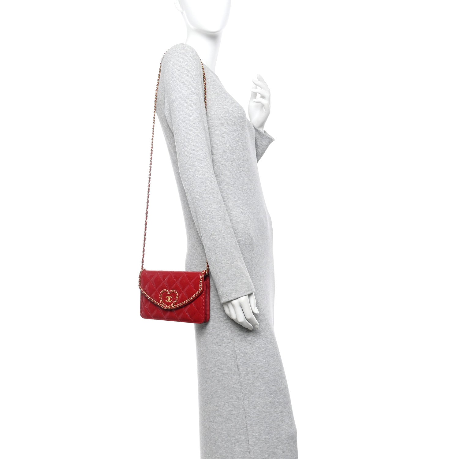 Patent Quilted Chain Around Heart Wallet On Chain WOC Red