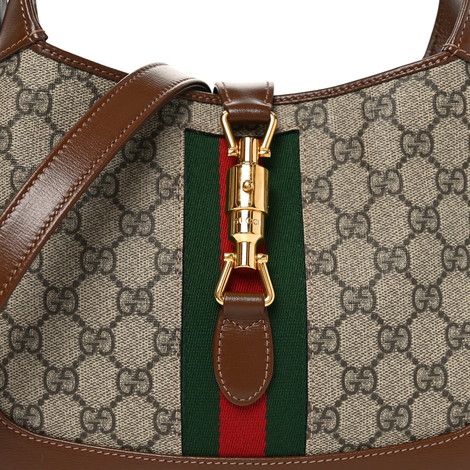 GG Supreme Monogram Azalea Calfskin Web Small Jackie 1961 Hobo Beige Ebony Brown Sugar