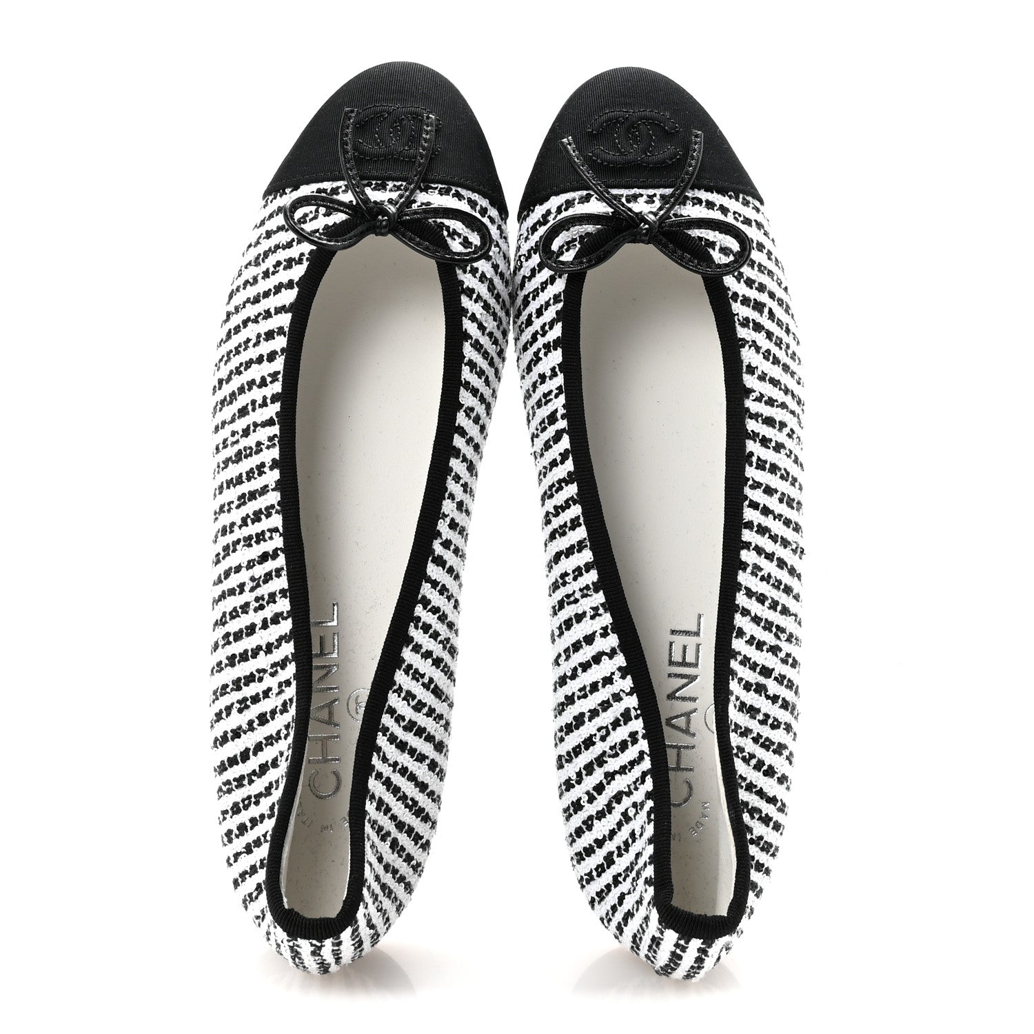 Tweed Sequin Grosgrain Cap Toe Ballerina Flats 39 Black White
