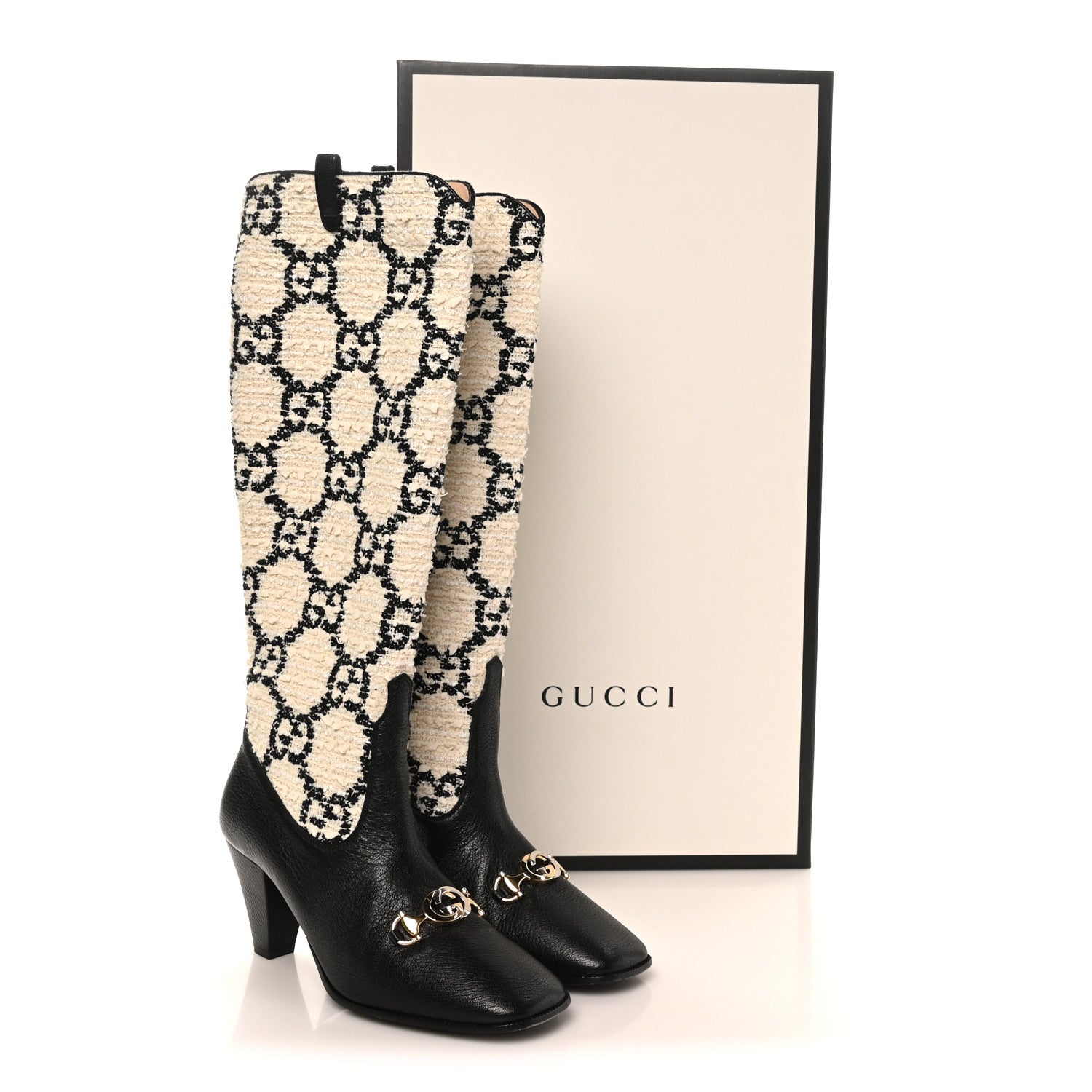 Tweed GG Monogram Wrinkled Kid Zumi Knee Boots 39.5 Natural Black