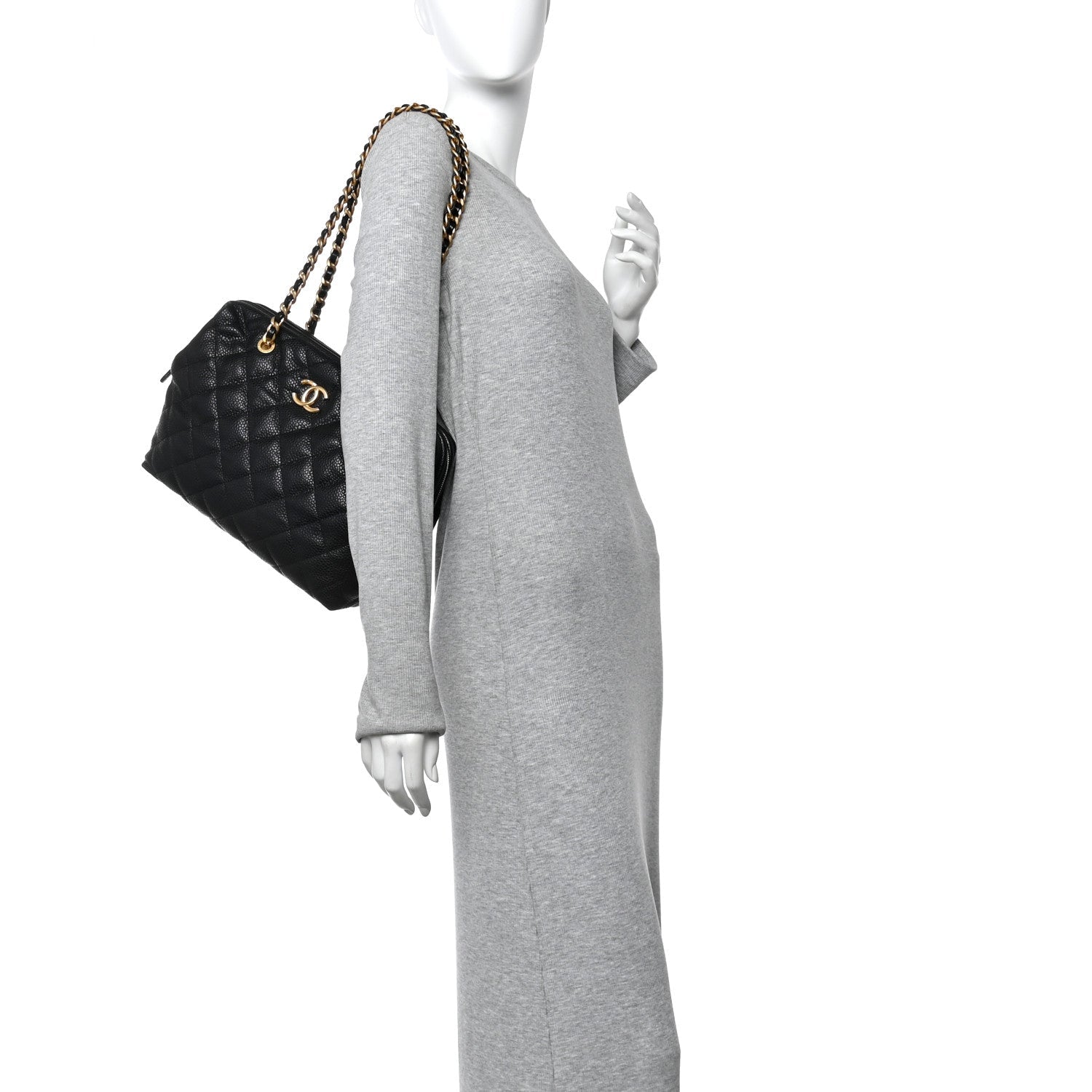 Shiny Caviar Quilted Large Bowling Bag Black