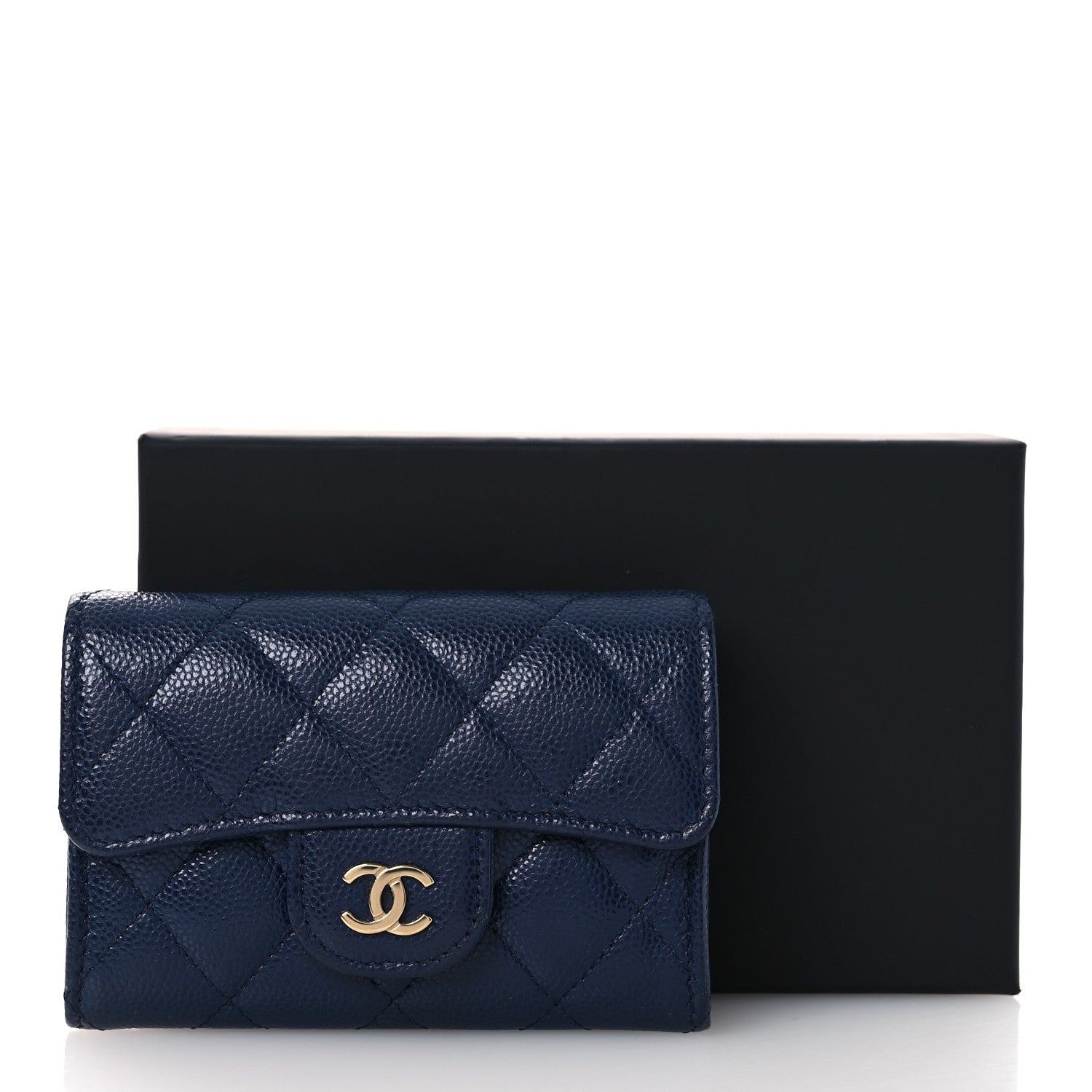 Caviar Quilted Flap Card Holder Wallet Navy Blue