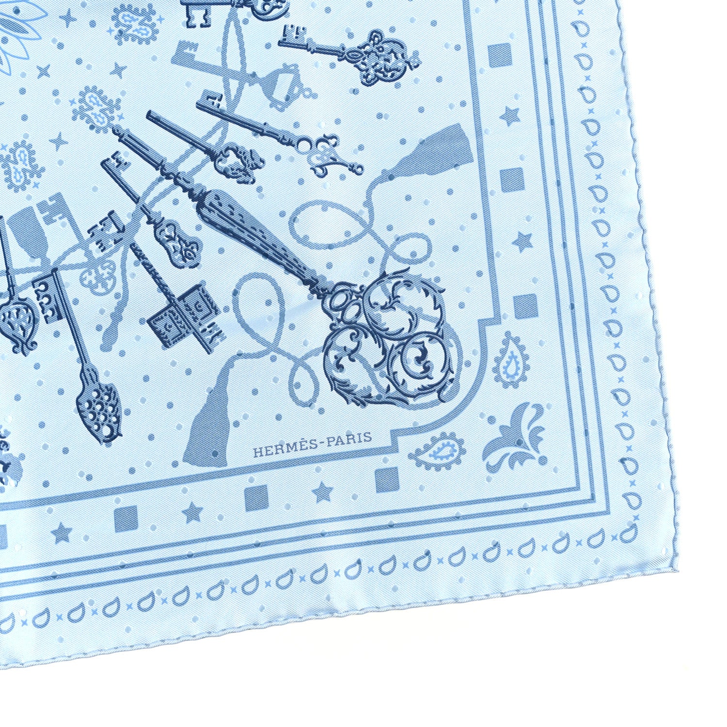 Silk Les Cles Bandana Scarf 55 Bleu Ciel Bleu Jean Gris