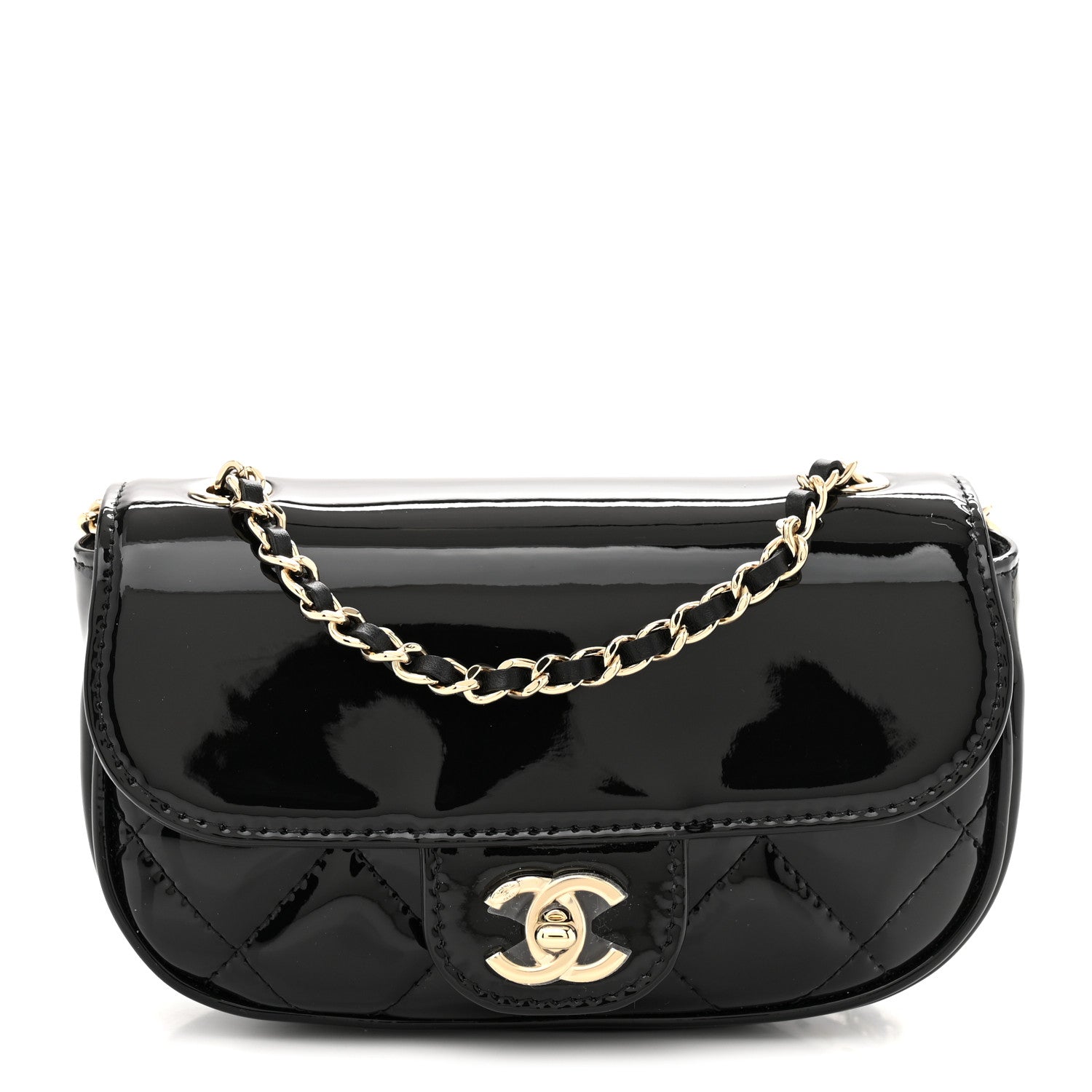 Patent Calfskin Quilted Mini Clutch Black