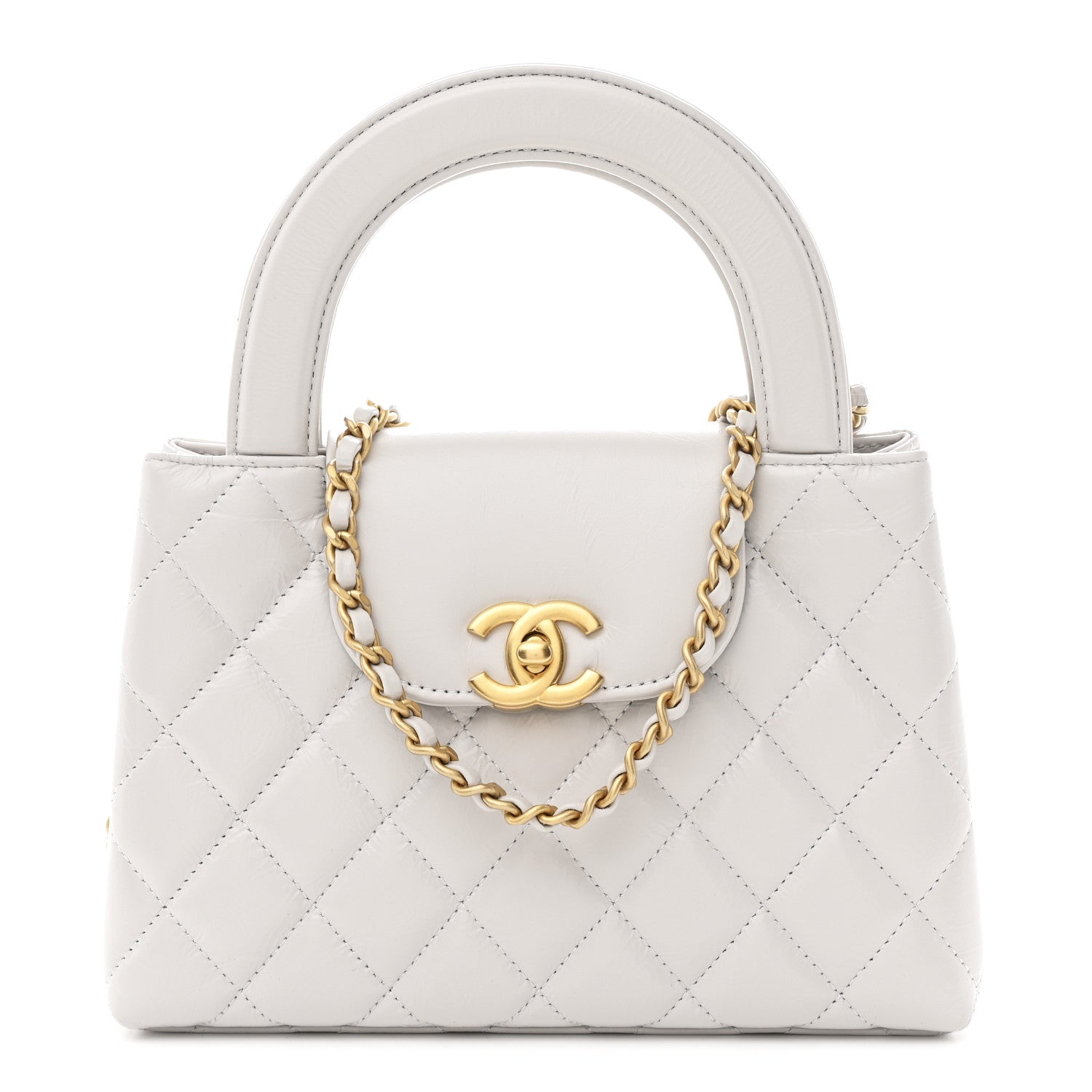 Shiny Aged Calfskin Quilted Nano Kelly Shopper Light Grey