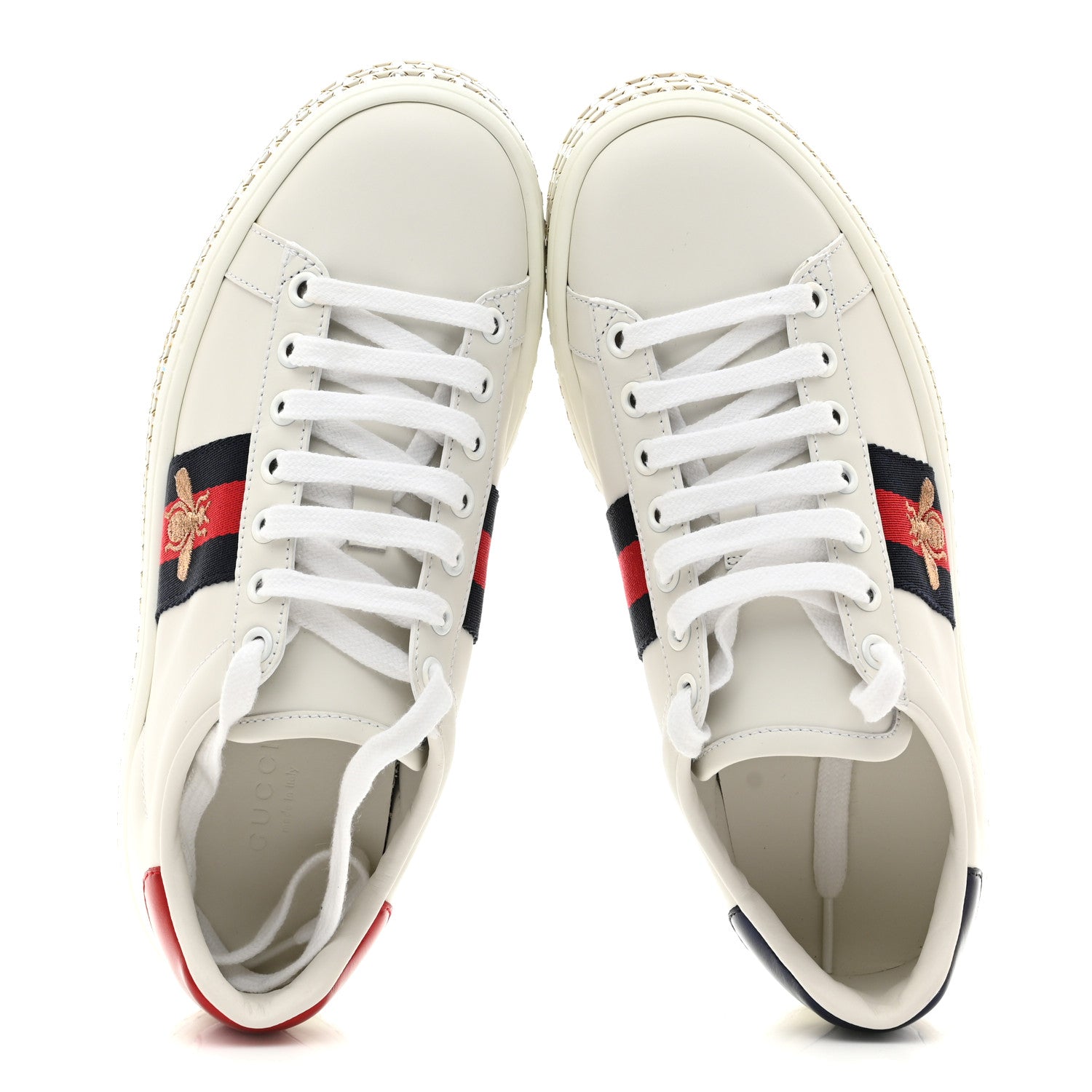 Calfskin Crystal Web Bee Embroidered Womens Ace Platform Sneakers 35.5 White