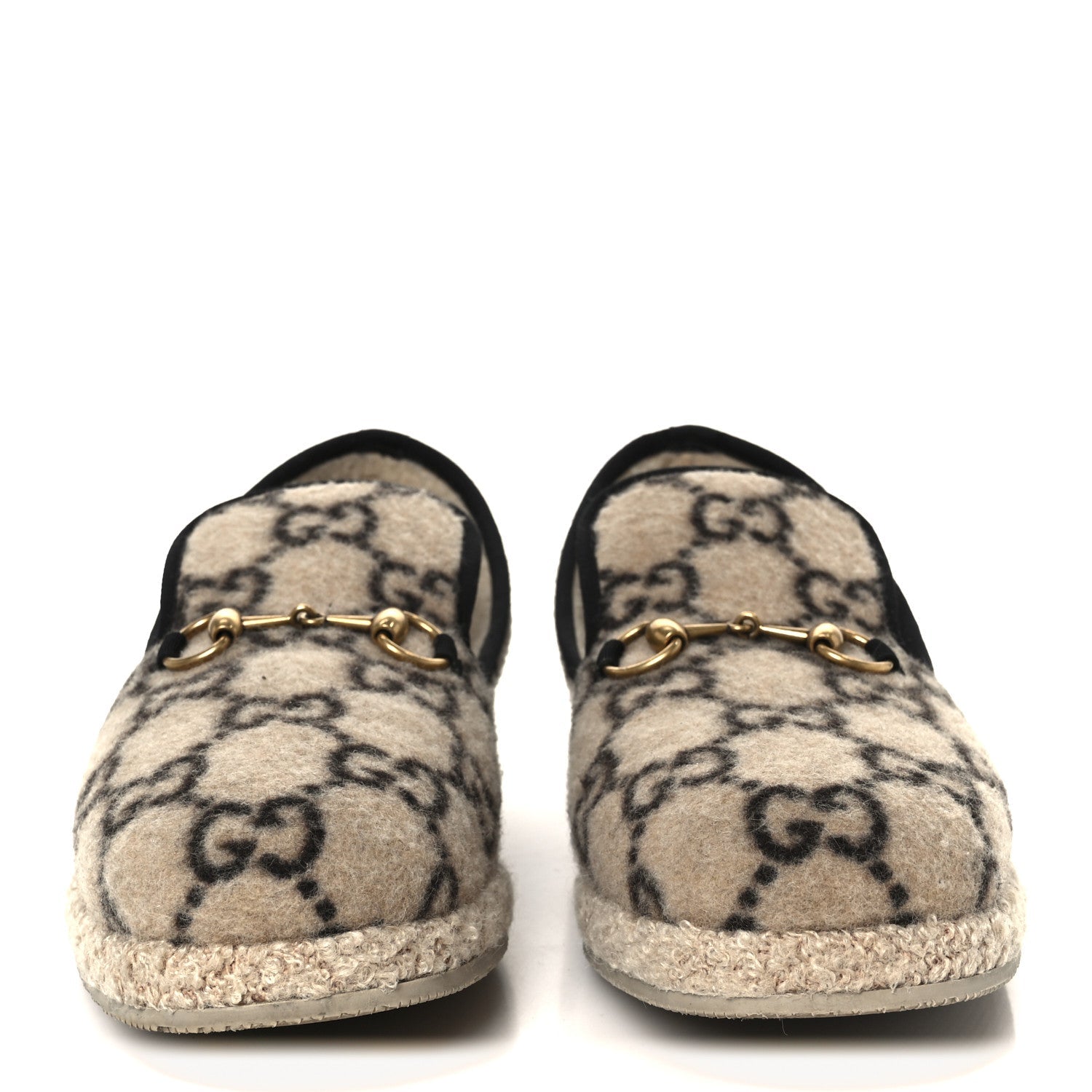 Covered Wool GG Monogram Mens Fria Horsebit Loafers 9 Beige Ebony Black Butterscotch