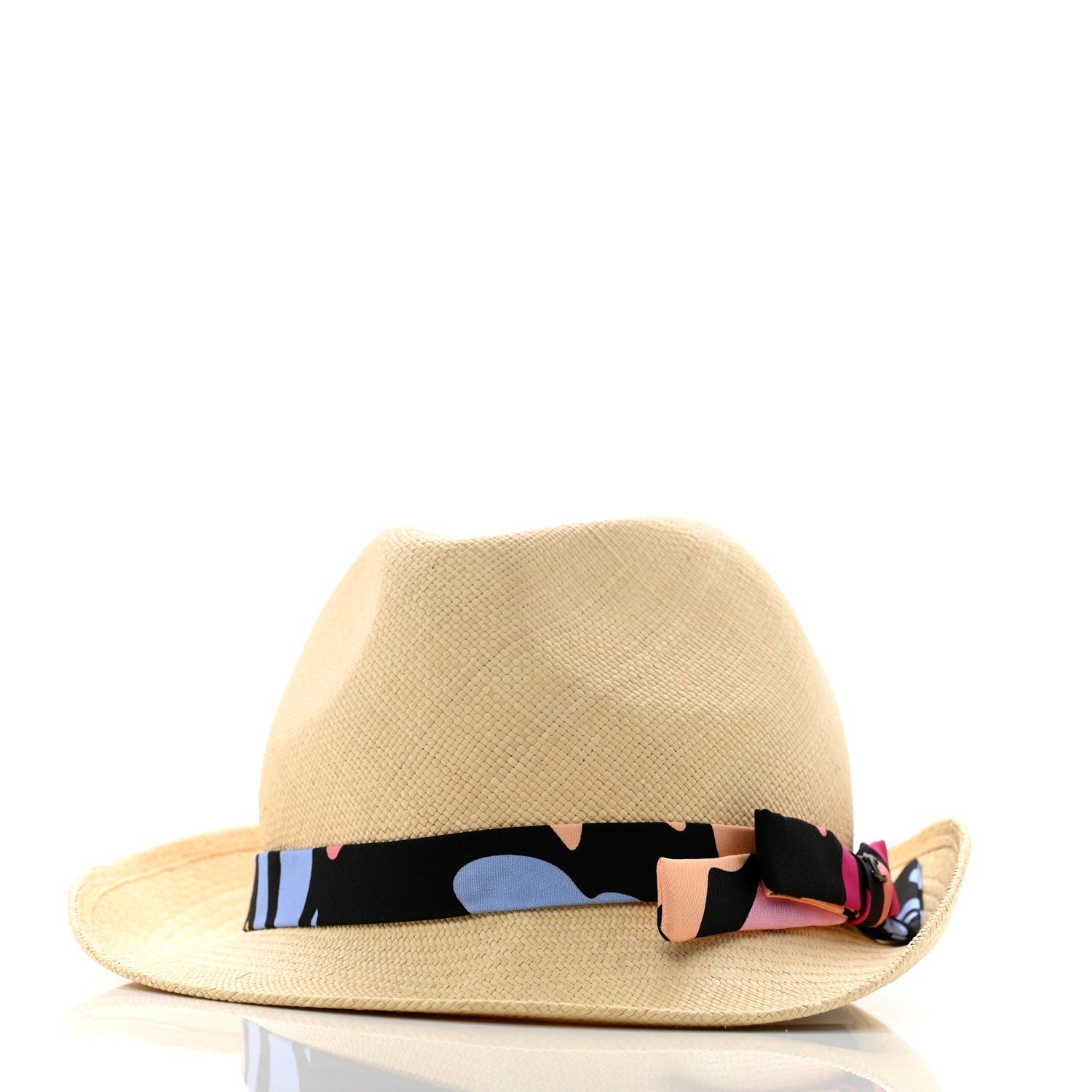 Straw Ribbon Fedora Hat L Beige Multicolor