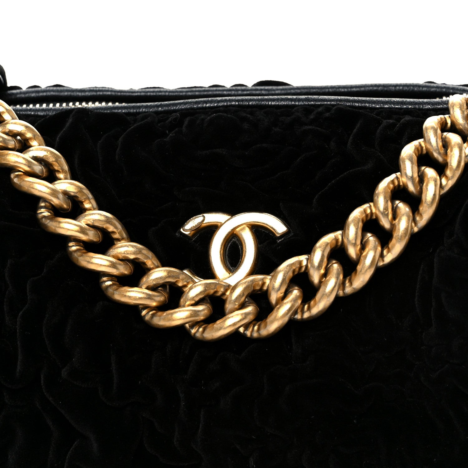 Velvet Camellia Embossed Barrel Clutch With Chain  Black