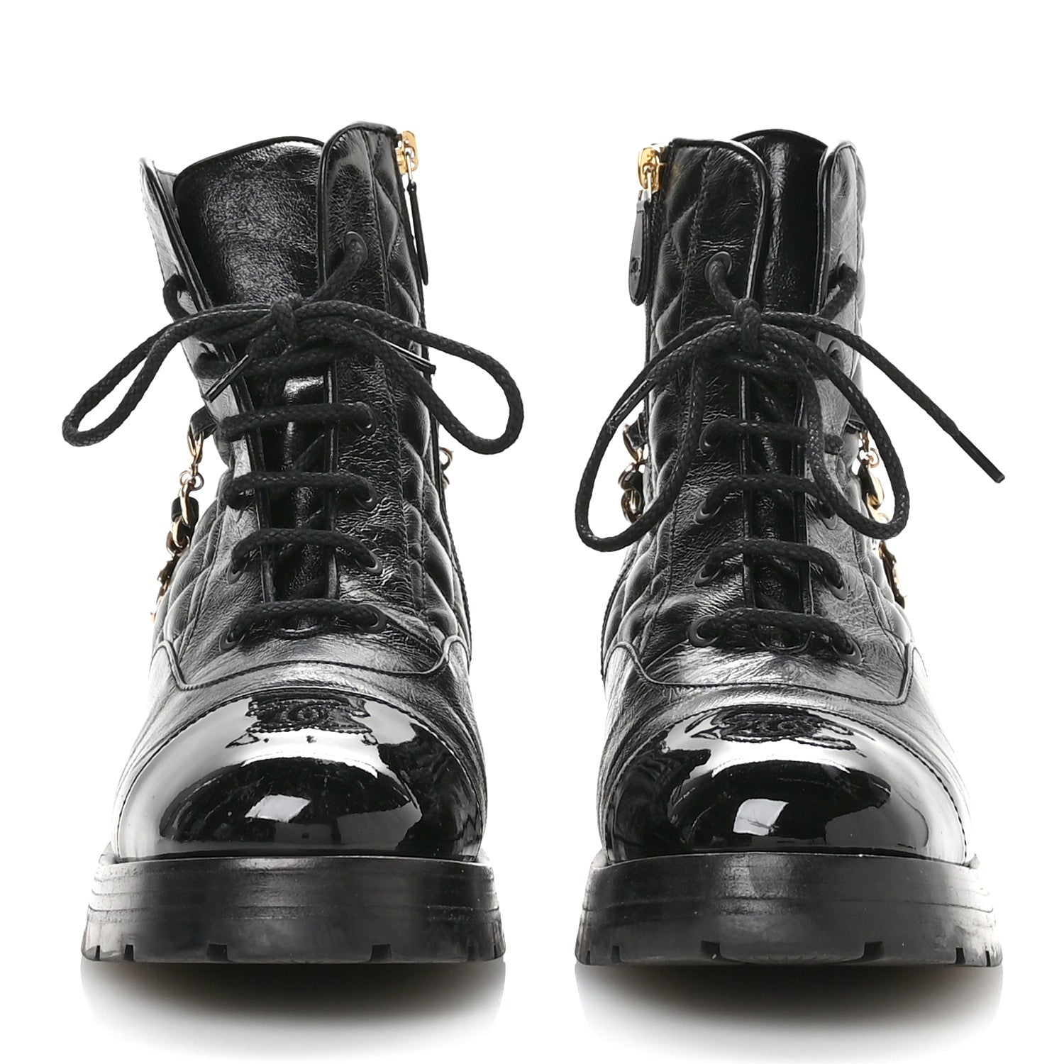 Shiny Calfskin Patent Quilted Chain Lace Up Combat Boots 40 Black