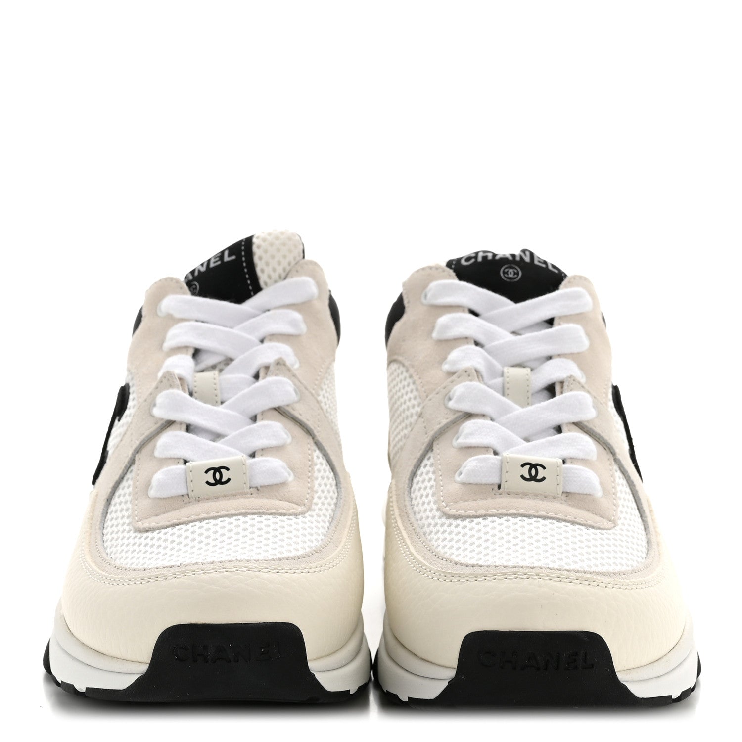 Mesh Suede Grained Calfskin Womens CC Sneakers 38.5 White Black