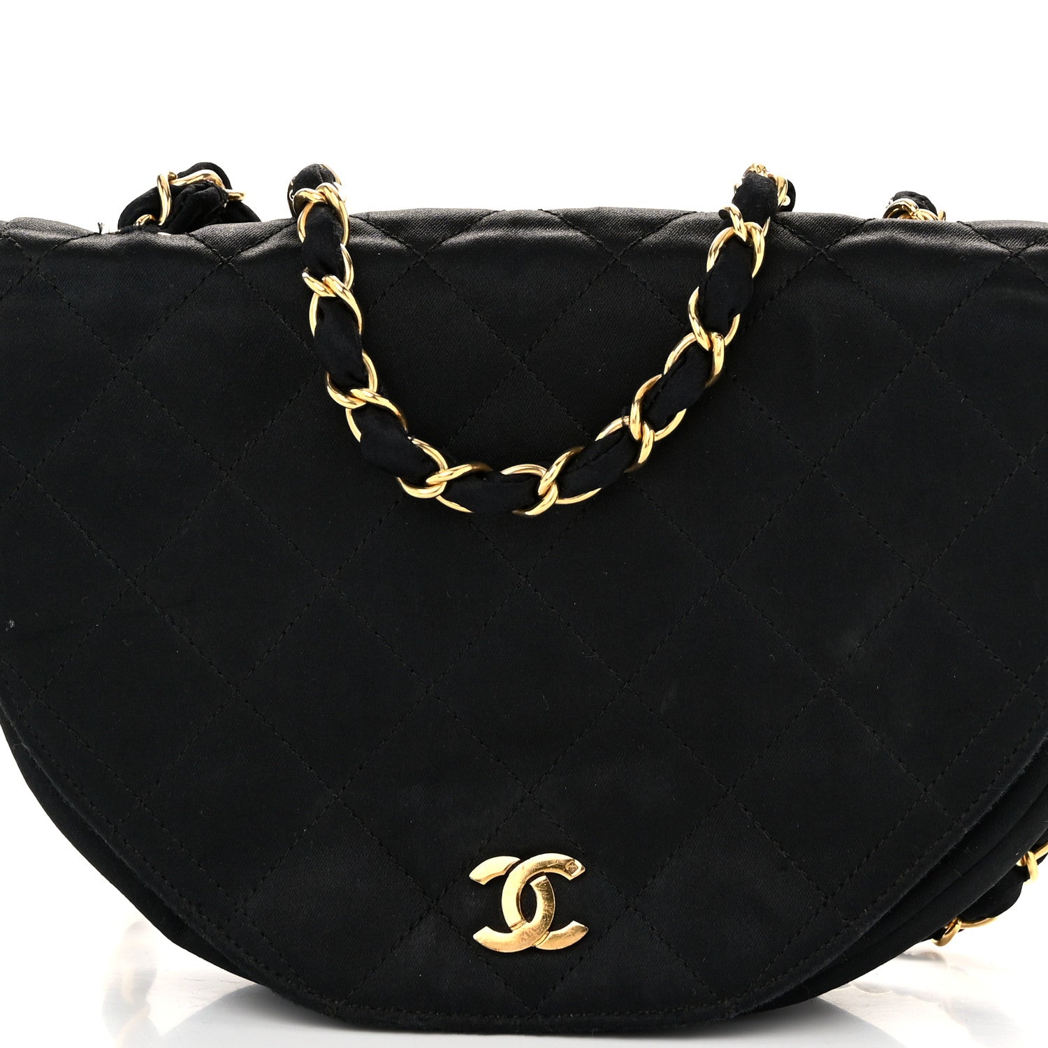 Satin Quilted Half Moon Flap Black