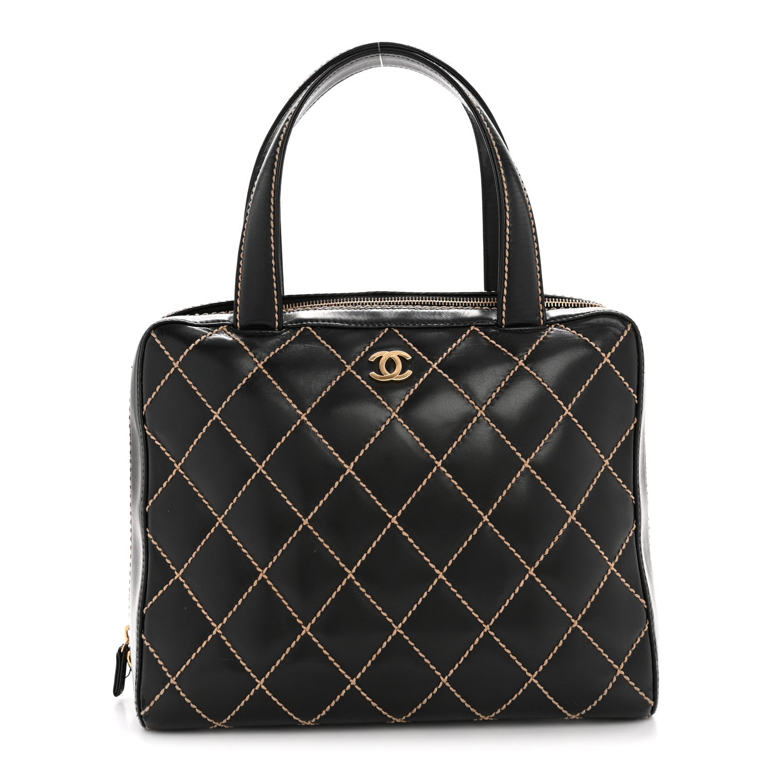 Calfskin Wild Stitch Vertical Top Handle Bag Black