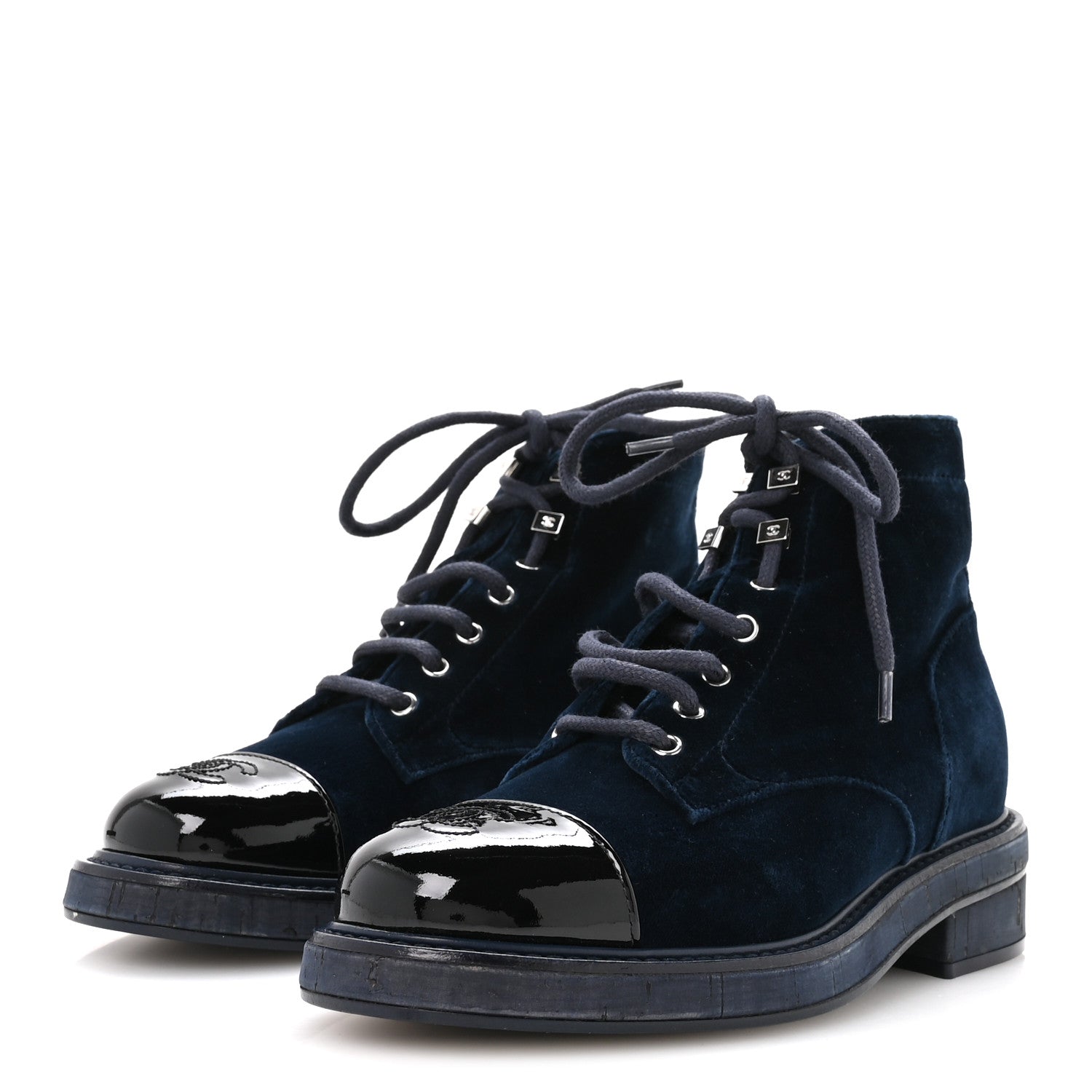 Velvet Patent Calfskin Lace Up Combat Boots 36.5 Blue Black