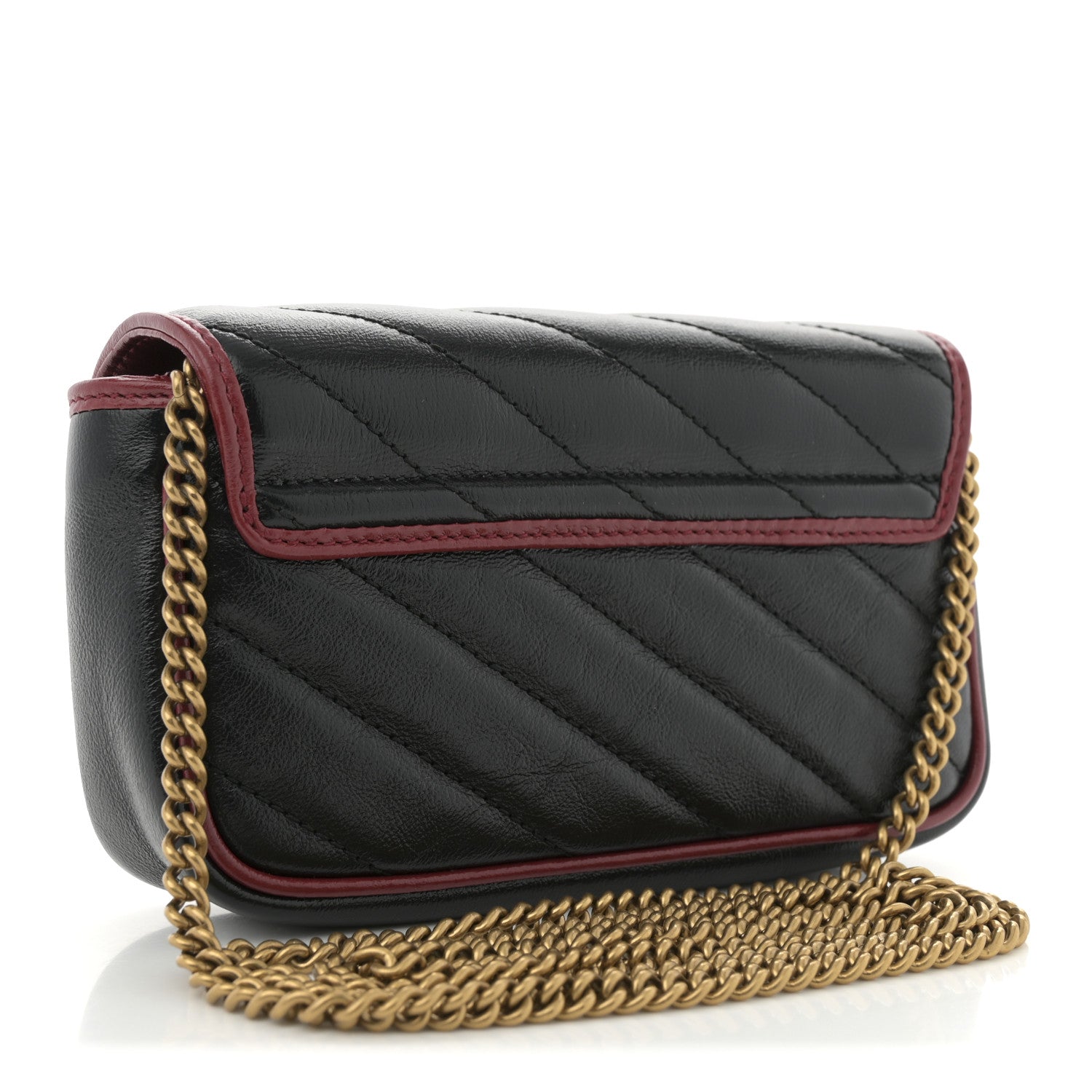 Vintage Effect Calfskin Matelasse Diagonal Super Mini Torchon GG Marmont Shoulder Bag Black Romantic Cherry