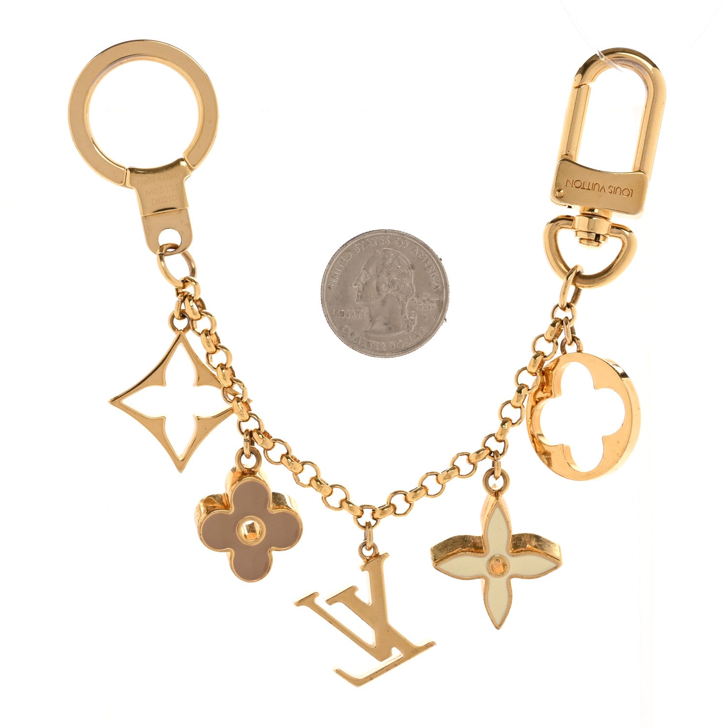 Brass Enamel Fleur De Monogram Bag Charm Chain Gold