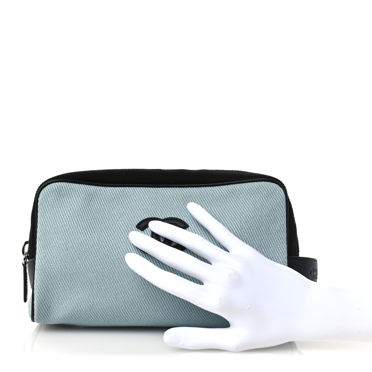 Canvas Calfskin Large Zippered Pouch Blue Black