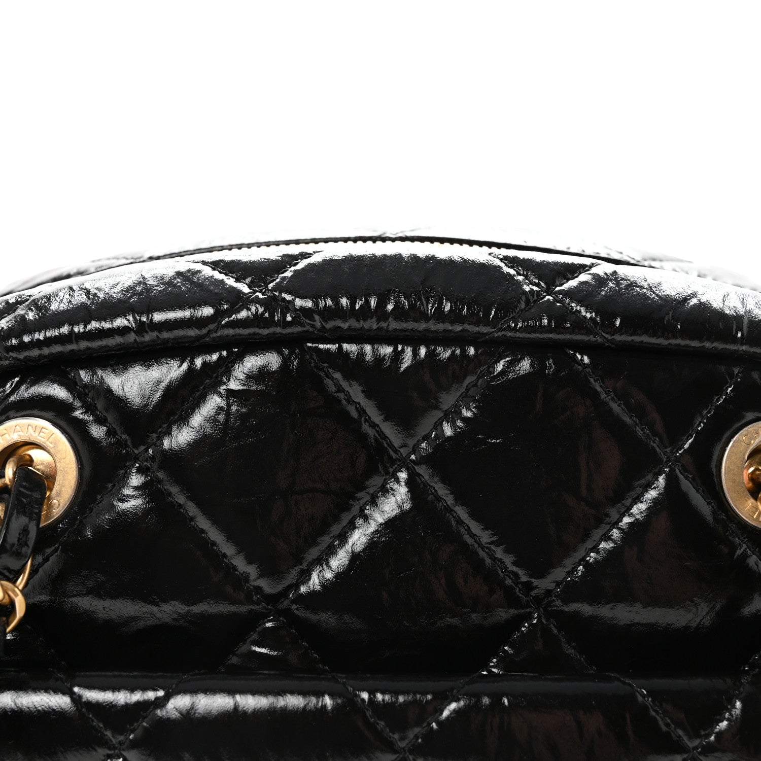 Shiny Crumpled Calfskin Quilted Large Bowling Bag Black