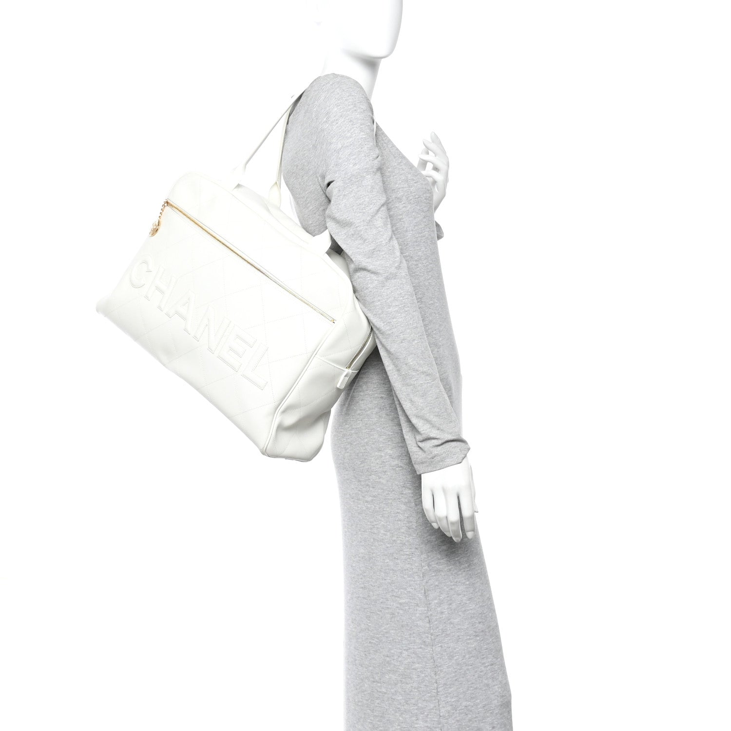 Calfskin Stitched Maxi Logo Bowling Bag White