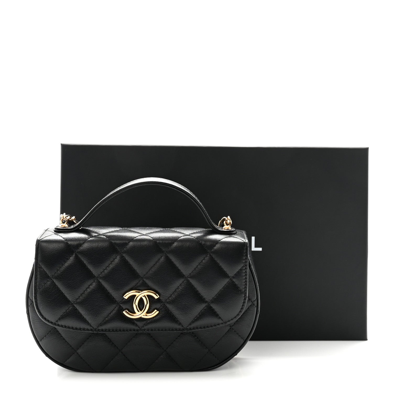Shiny Aged Calfskin Quilted Top Handle Clutch With Chain Black